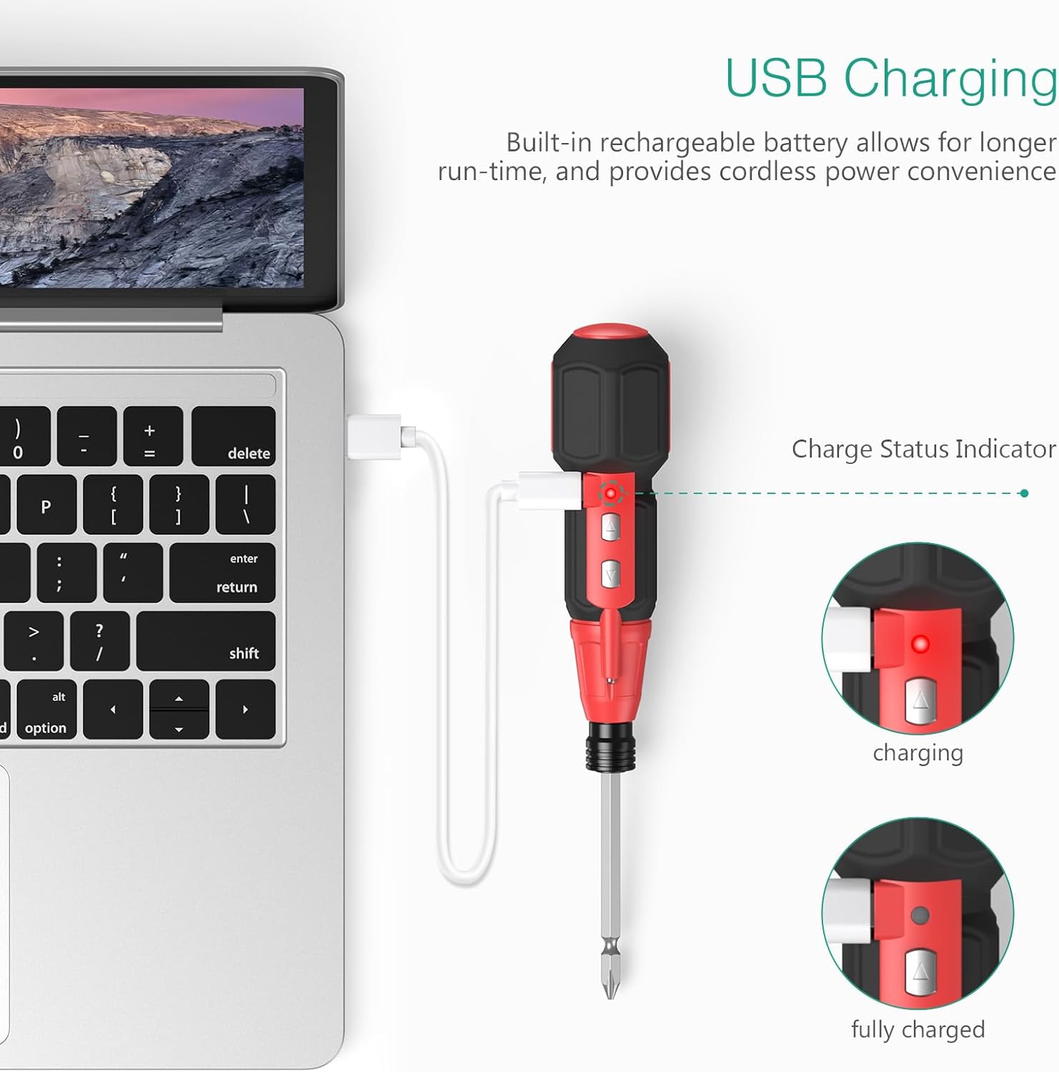 ORIA Electric Screwdriver connected to a laptop via USB cable for charging, showing red light for charging and green for fully charged.
