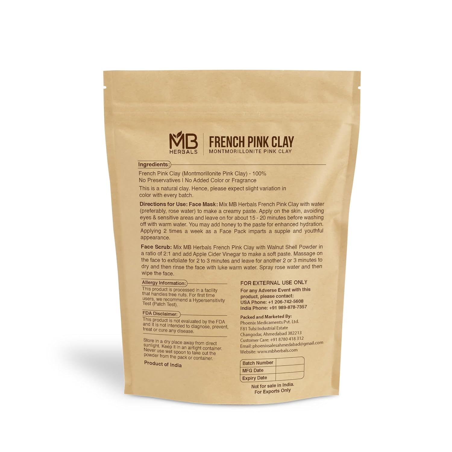 MB Herbals French Pink Clay 100 Gram (3.5 oz) | Montmorrillonite Pink Clay (French Rose Clay) | Mild, Hydrating Clay suitable for Sensitive Skin | Mined & Processed in India