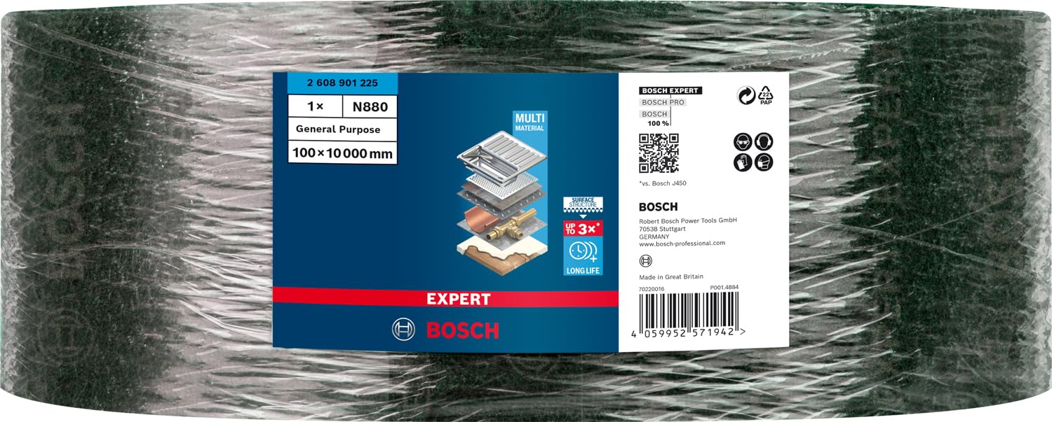 Bosch 1x Rouleaux en non-tissé EXPERT N880 (pour Tôles en acier, Acier inoxydable, Largeur 100 mm, Longueur 10 m, très fin GP, Professional Accessoire Ponçage manuel)