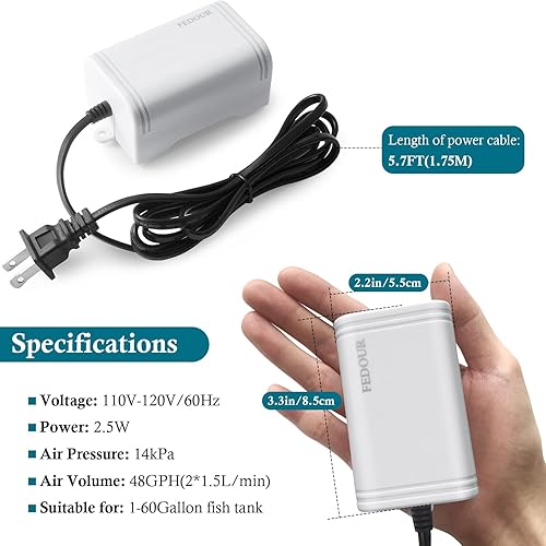 Miniatura 3 de FEDOUR Mini bomba de aire para acuario, 20 GPH 48 GPH para tanque de peces para colgar en la bomba de oxígeno, burbujeador de acuario ultra