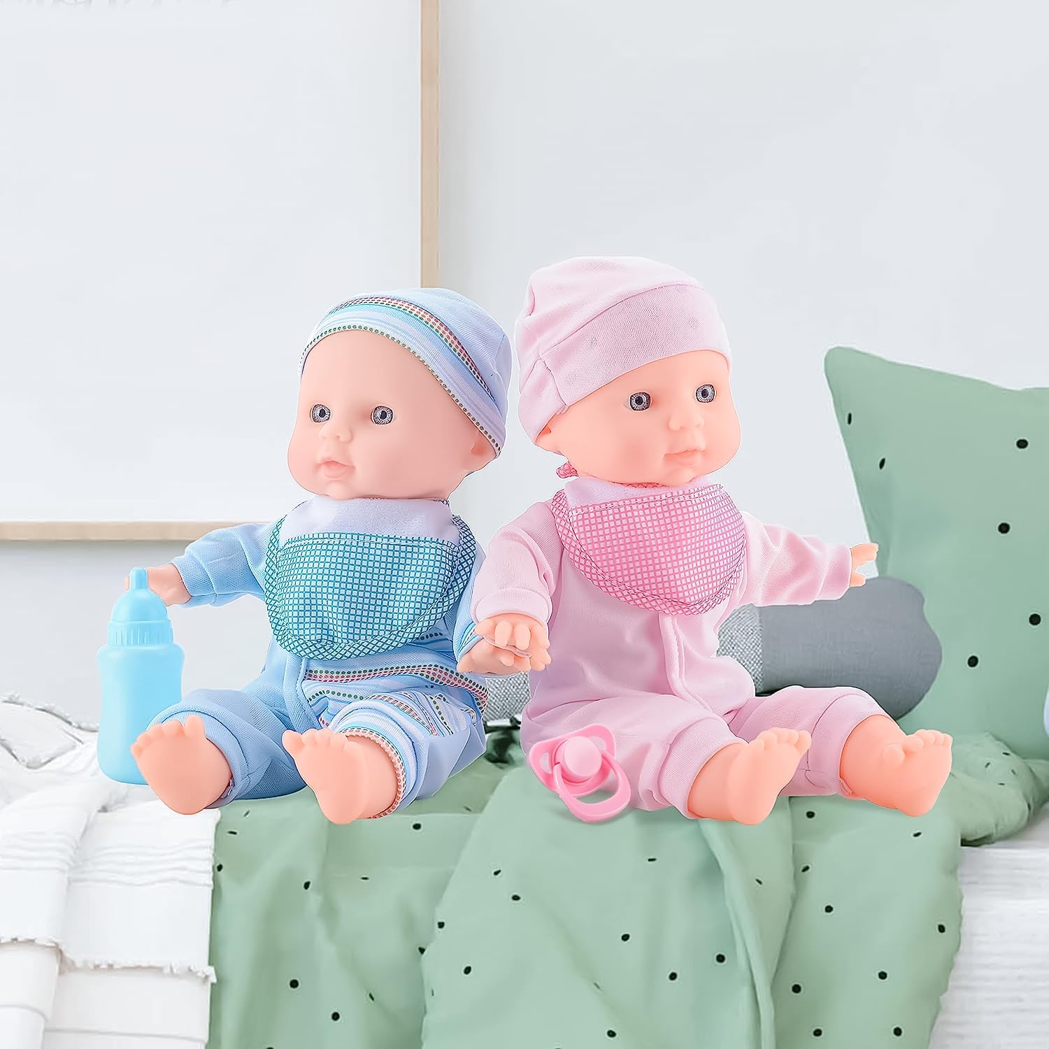 SMILESSKIDDO Twin Baby Dolls - 12 inch Two Soft Body Doll with Rompers, Hat and Pacifier, Doll Bibs, Dolls Play Set for 2 3 4 5 Year Old Boys and Girls Gift