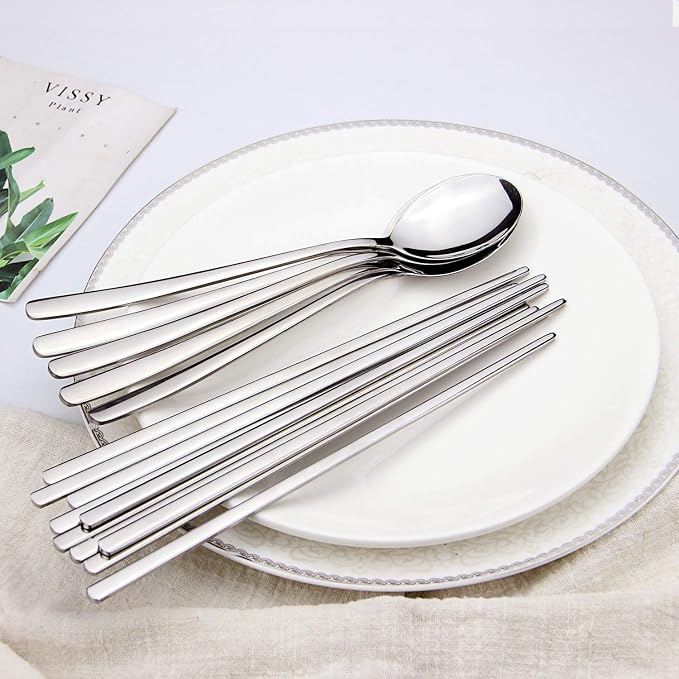 Set IQCWOOD de 5 pares de palitos chinos y cucharas coreanas de acero inoxidable miniatura 2