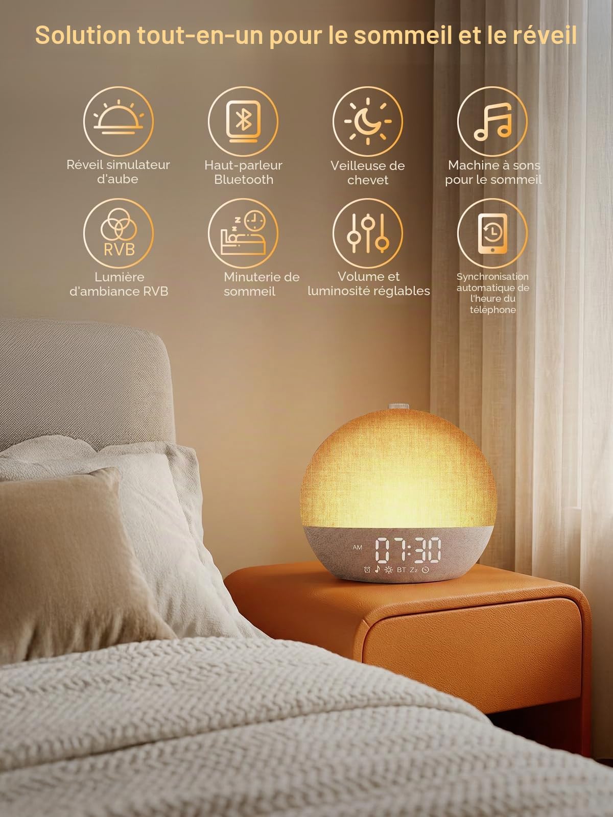 Reveil Lumineux, Simulateur D'Aube Fluorescente Avec Double Alarme Et Fonction Snooze 20 Niveaux De Luminosité Et 7 Couleurs 7 Bruits Blancs RéVeil Lumineux