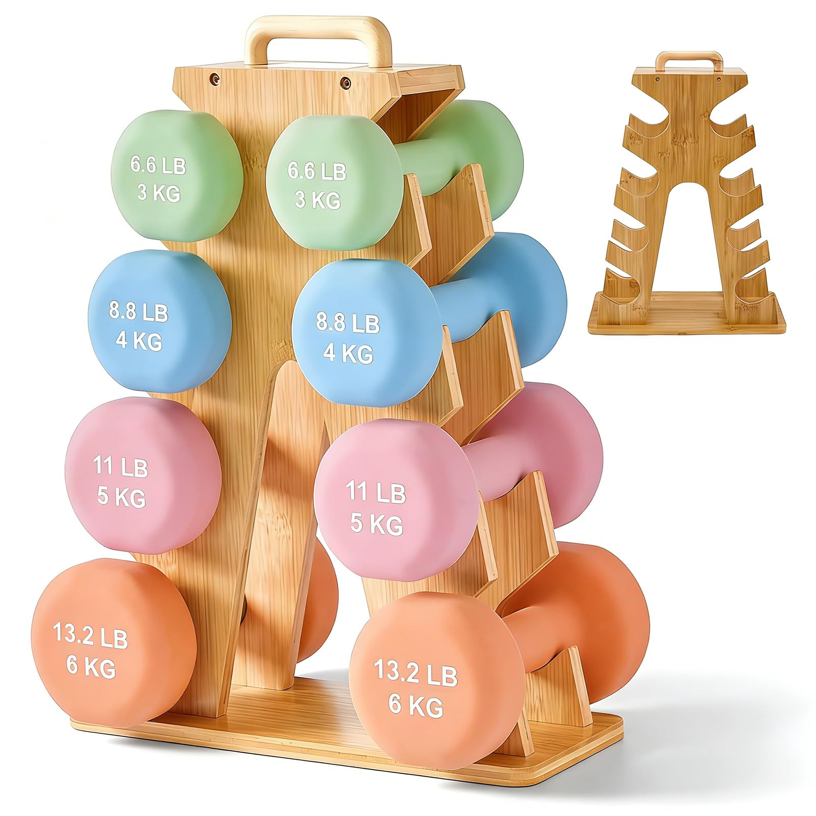 Wooden Dumbbell Rack, 4 Tier A-Frame Weight Holder for 3-7kg Dumbbells, Dumbbell Rack with Handle for Home, Gym, Gift for Fitness Lovers