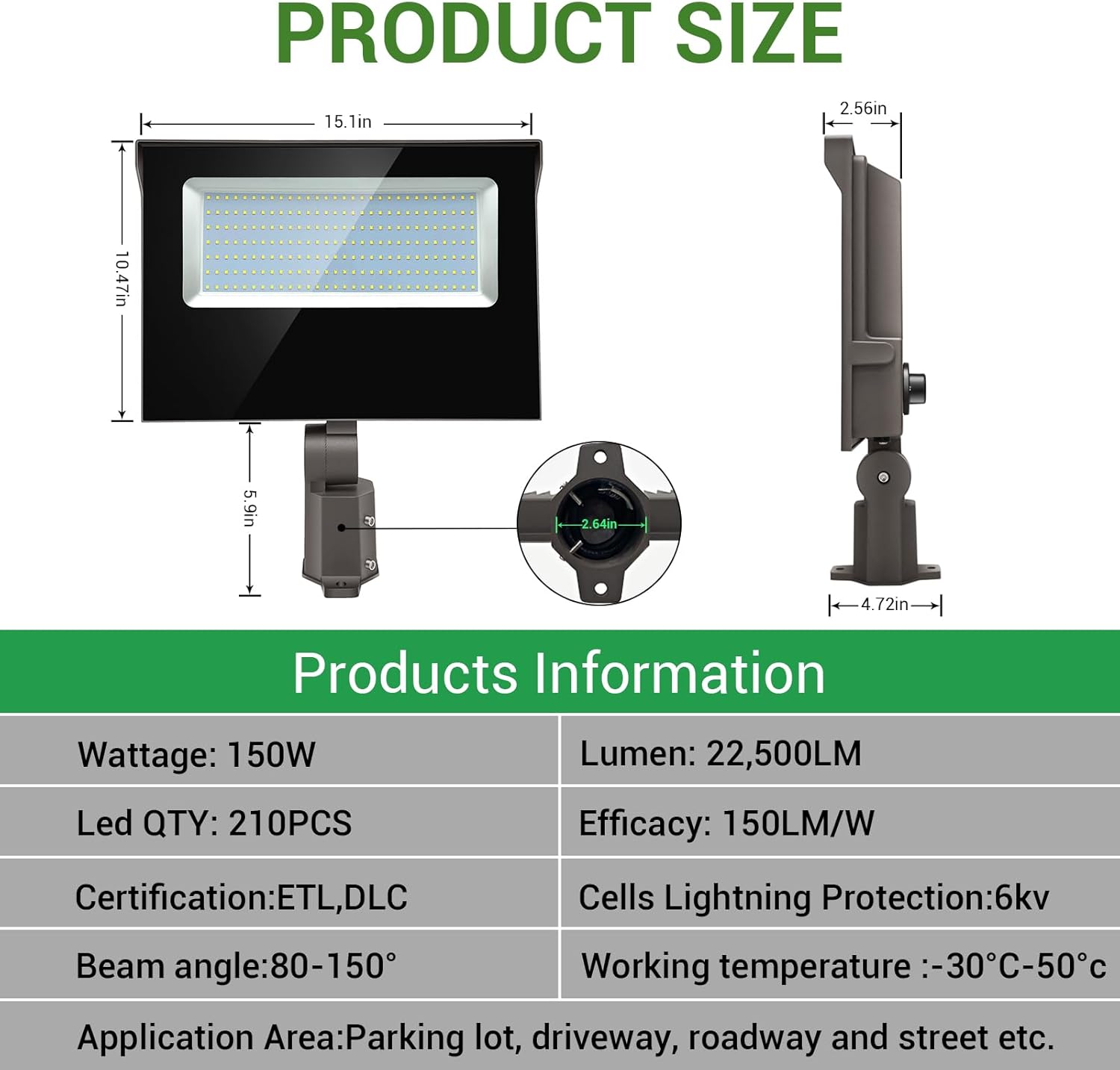 150W LED Parking Lot Lighting, Street Light 22,500 Lumen Super Bright 5000K Daylight White Replaces 1500W Halide Shoebox Pole Lights with photocell for Stadium Parking Lot Roadways