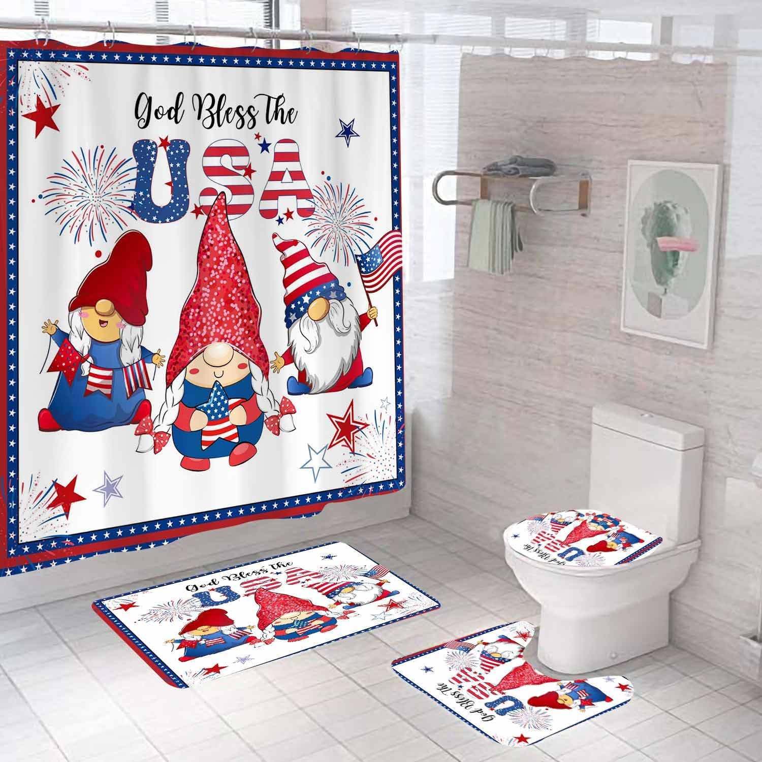 Camille&Andrew 4PCS 4th of July Gnome Shower Curtain Set, USA American Flag Blue Red Stars Memorial Day Independence Day Patriotic Bathroom Decor, Waterproof Fabric Shower Curtain, Non-Slip Bath Mat
