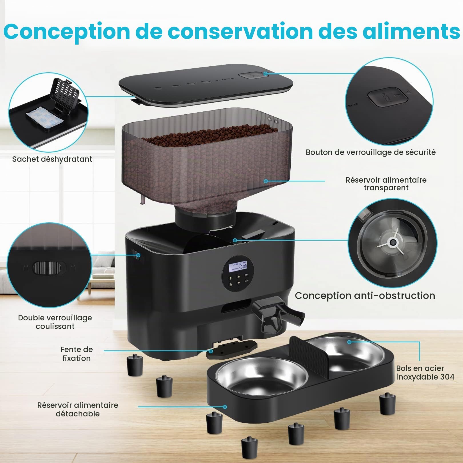 Sailvono Distributeur Automatique de Nourriture pour Chat 5 l avec 2 gamelles, Distributeur de Nourriture Intelligent pour Chat/Chien, enregistreur Vocal, avec 2 Bols en Acier Inoxydable, Blanc