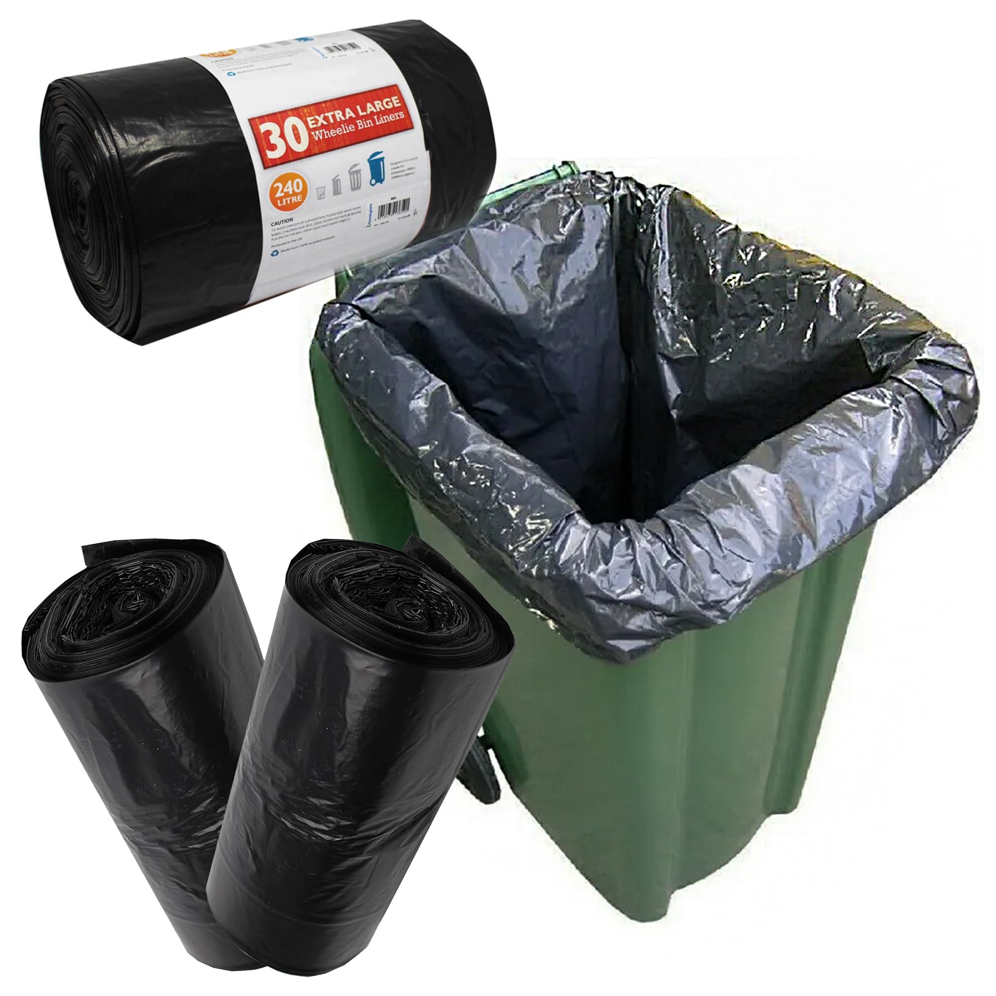 Pluto Packaging 30 Bags 240L Large Black Heavy Duty Wheelie Bin Refuse Rubbish Garbage Sacks For Outdoors (30 Bags)
