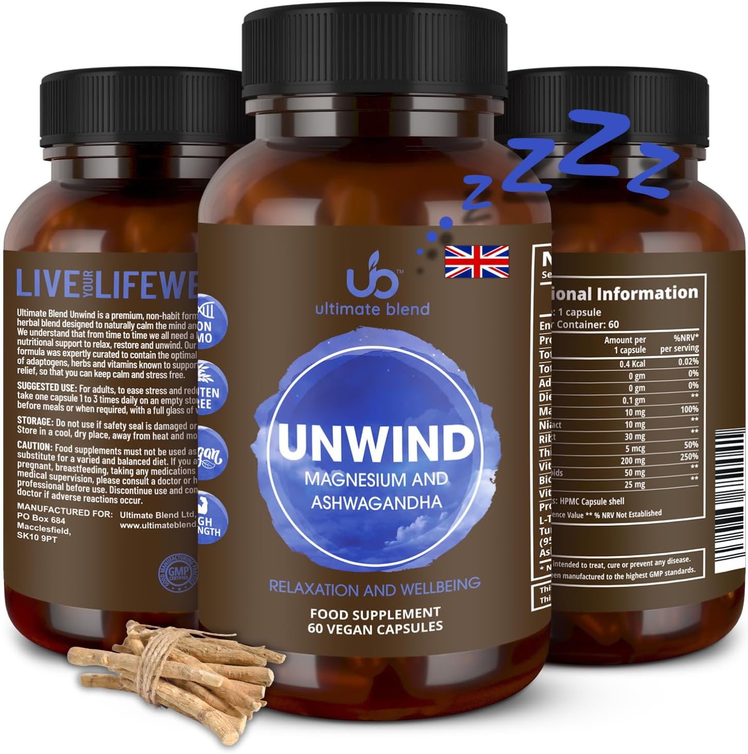 Ultimate Blend Relax Unwind with Magnesium & Ashwagandha, Natural Stress Relief Supplement | Calm and Relax from Tension, Sleeplessness - 60 Vegan Capsules