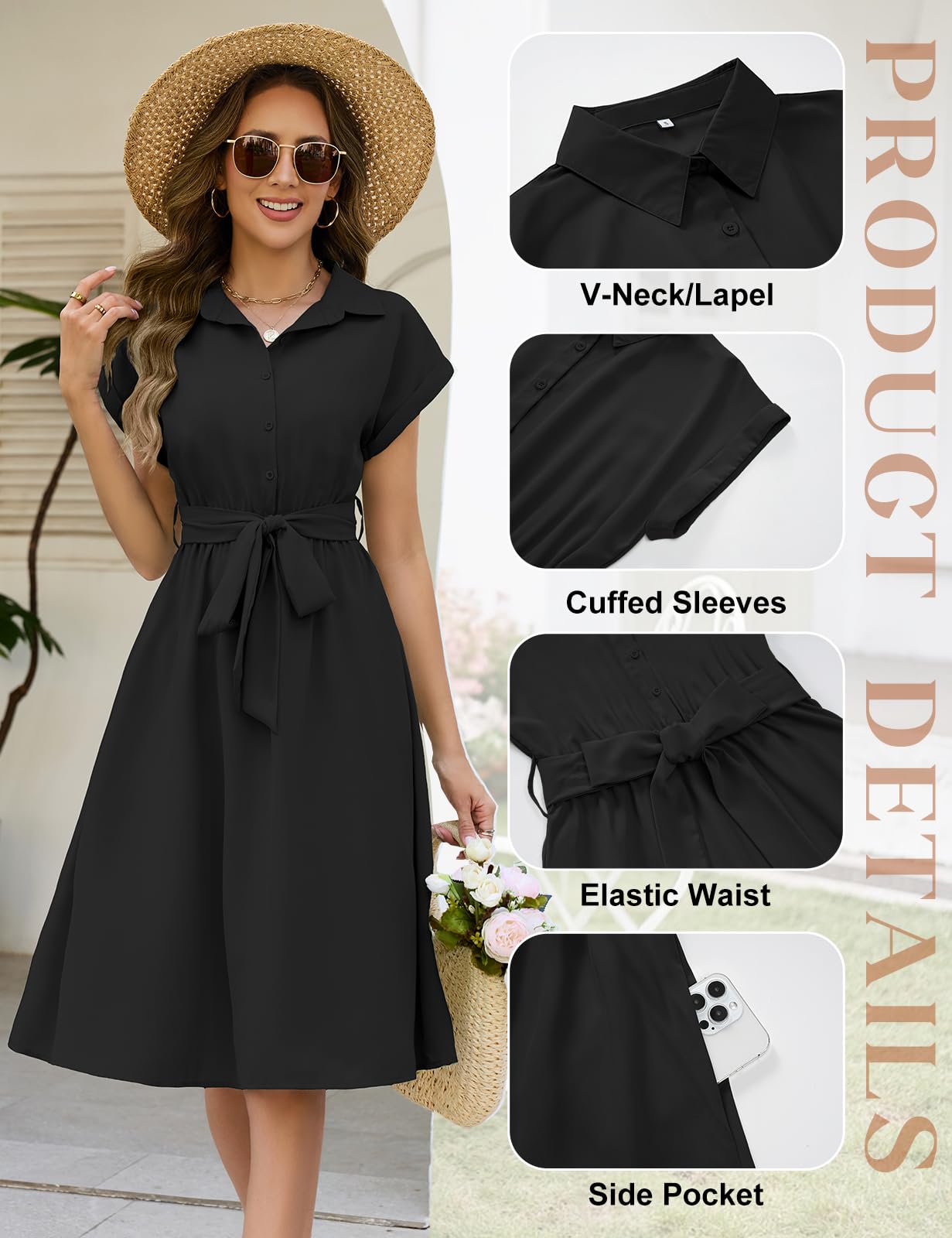 HEEKPEK Vestito Donna Estivo Manica Corta Casual Abito Scollo a V Vita Alta A Line Abiti Lungo Elegante Abito Camicia Colori Solidi Vestiti con Tasche e Cintura