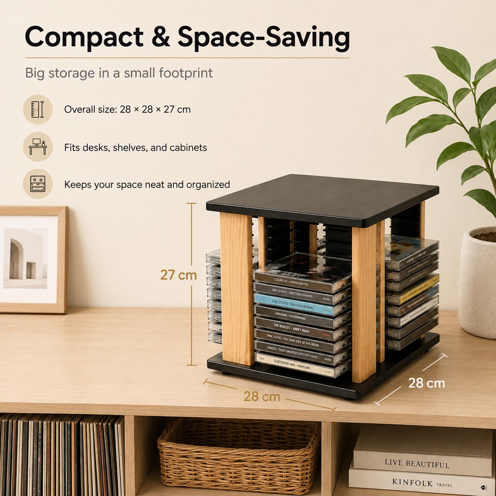 Porta CD e DVD da Scrivania Girevole a 360 Gradi in Legno for Multimedia | Contiene 45 Custodie Standard con Design Salvaspazio da Tavolo for Collezioni di Videogiochi e Film in DVD