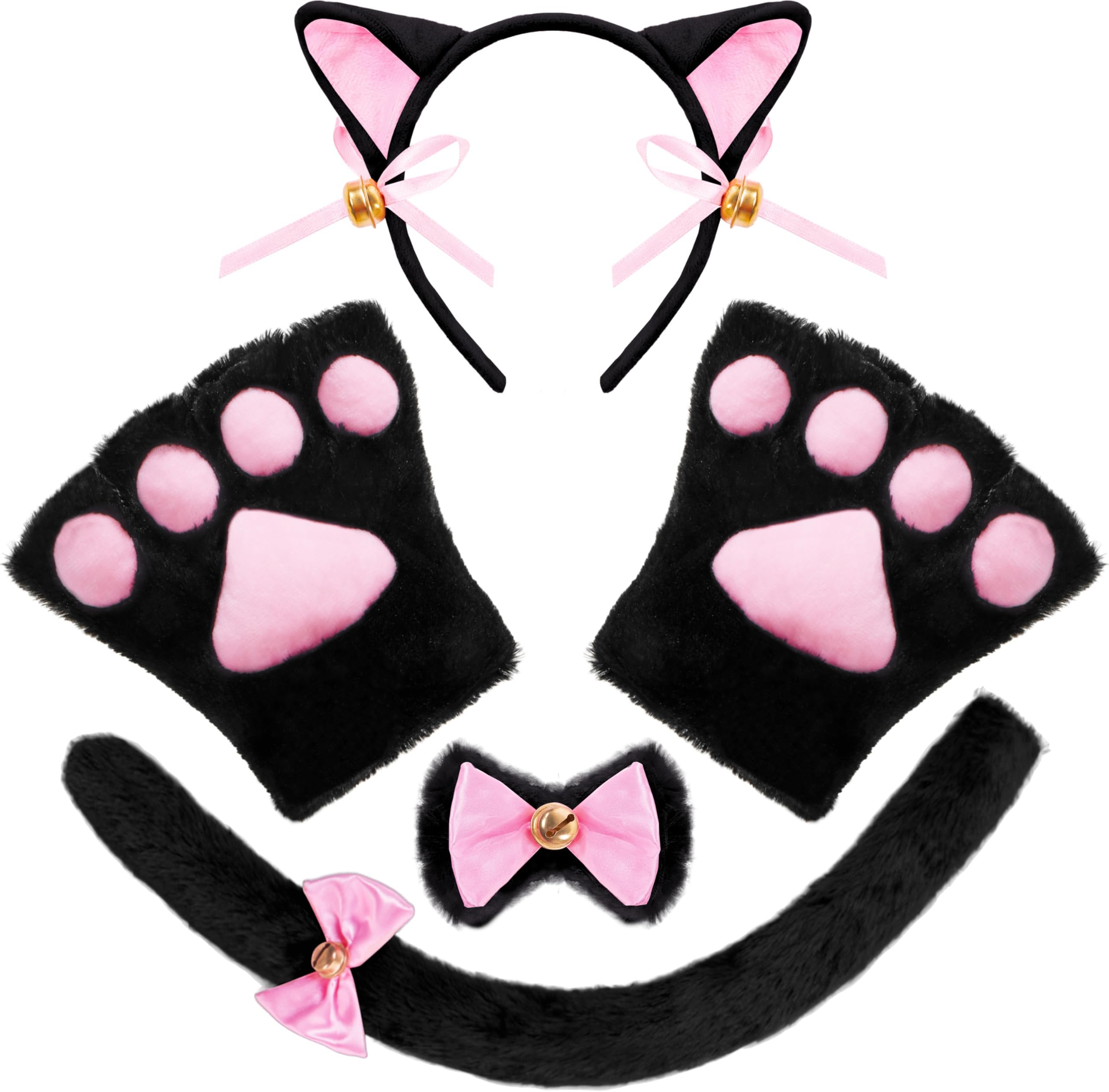 5 Pcs Costume Accessories with Cat Ears Headband, Paws Gloves, Bow Tie, Tail for Adult, Kids, Cosplay, Halloween Party Dress Up Set