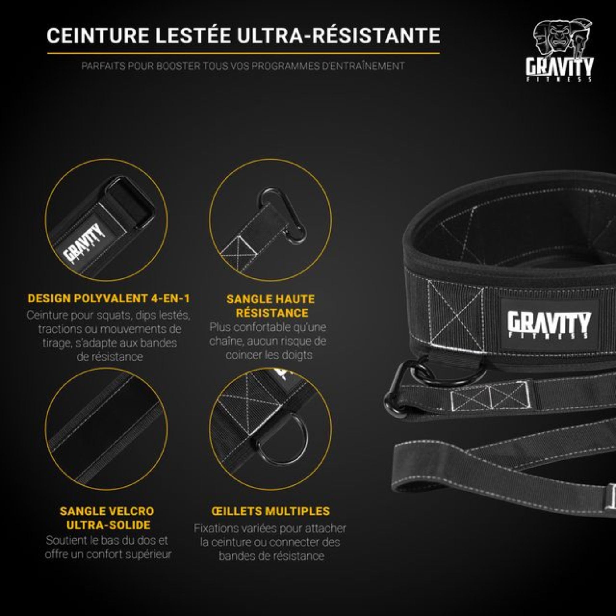 Gravity Fitness Ceinture d'entraînement 4 en 1 très résistante en Nylon Noir 76.2 cm à 91.4 cm