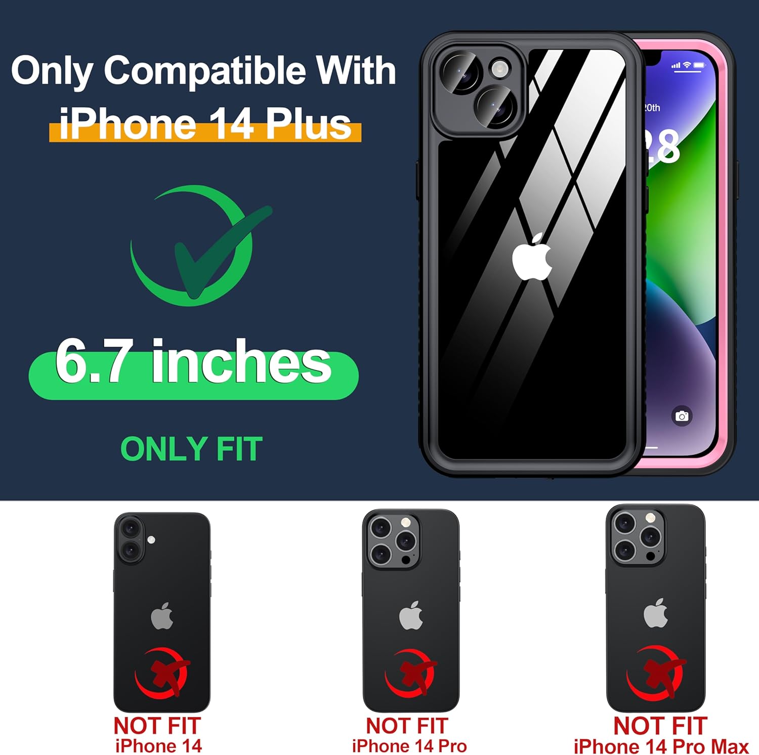 for iPhone 14 Plus Case Waterproof - Built-in Privacy Screen Protector & HD Screen Protector [IP68 Underwater] Shockproof Dustproof Full Body Protection iPhone 14 Plus Phone Case Pink