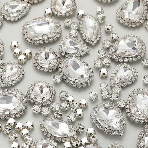 Miniatura 20 de Diamantes de imitación para coser, Choupee 130 piezas de piedras rojas para coser con base metálica y engaste de garra, formas mixtas, gemas