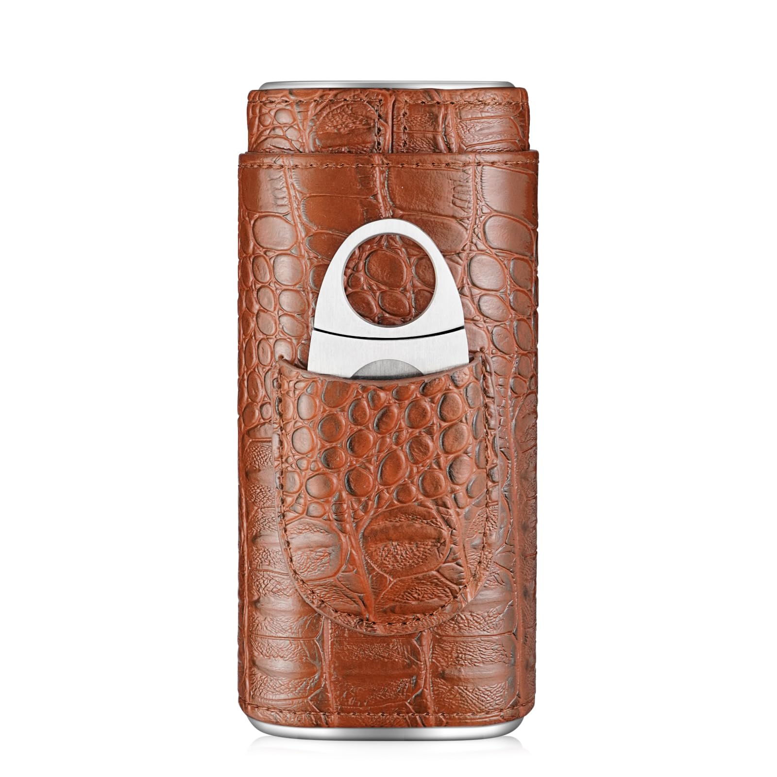 cgaplus 3-Finger Cigar Case with Cutter Crocodile Pattern Leather Cigar Humidor Case Portable Travel Case for Men(Brown) - Image 2