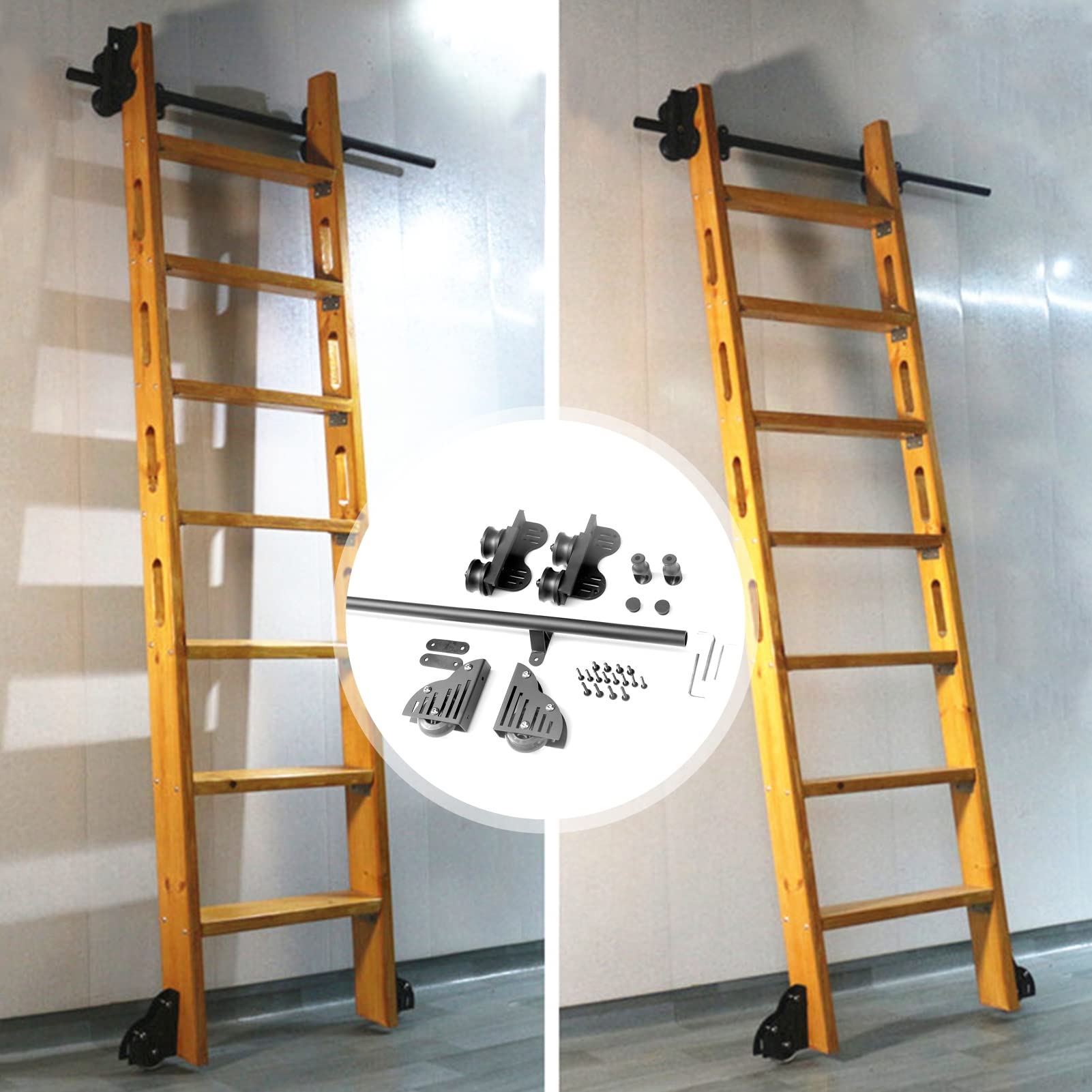 Zestaw sprzętu do drabiny na kółkach Drabina przesuwna do biblioteki Zestaw czarnych torów, 3,3 stopy do 20 stóp Stand Up Tensible Rolling Hardware (bez drabiny) z rolką podłogową (rozmiar: