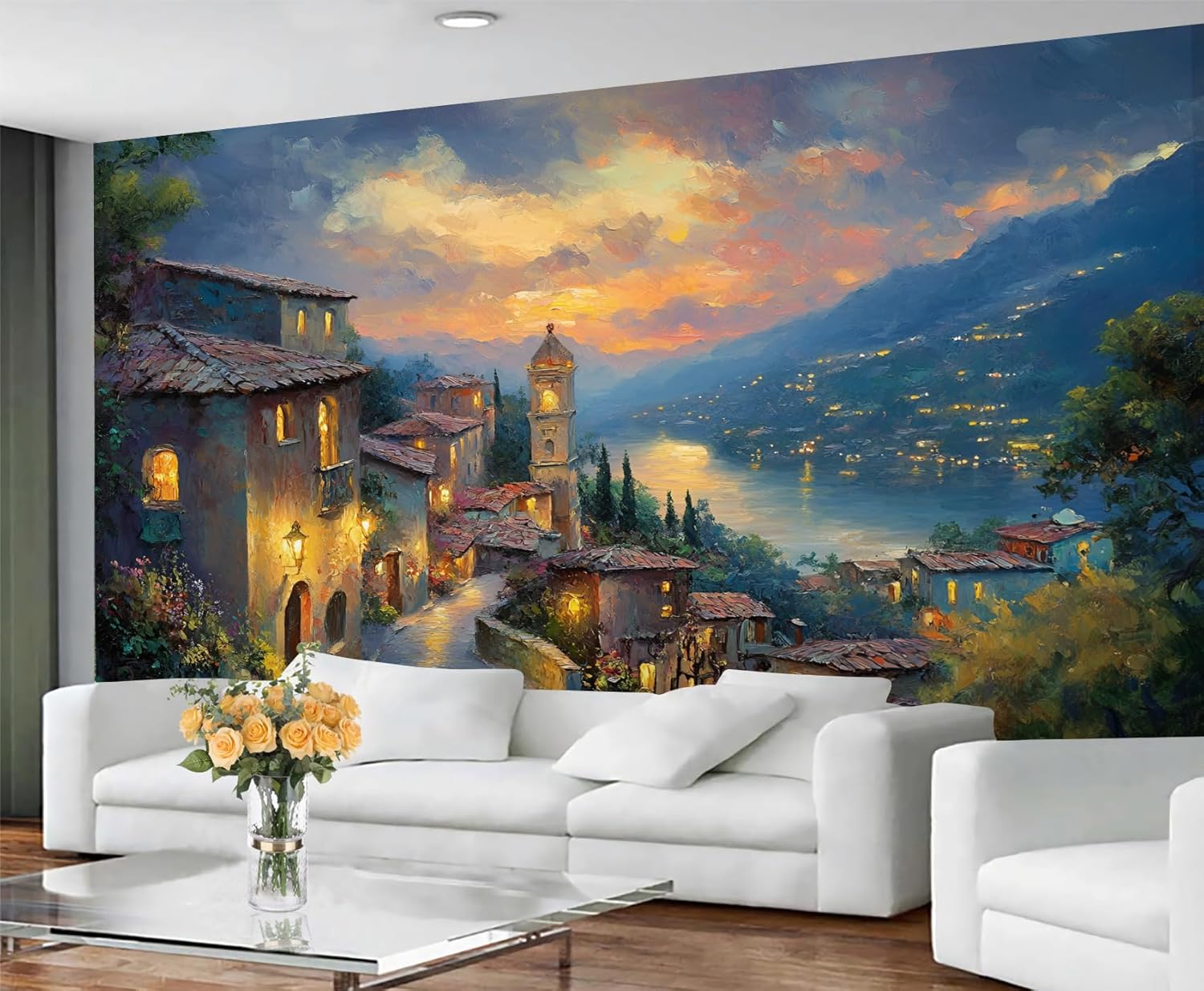 Night View Town Large Wallpaper, Beautiful Coastal City Wall Paper Wall Murals, Natural Scenery Wallpapers for Living Room Bedroom Dining Room (Not Peel and Stick)