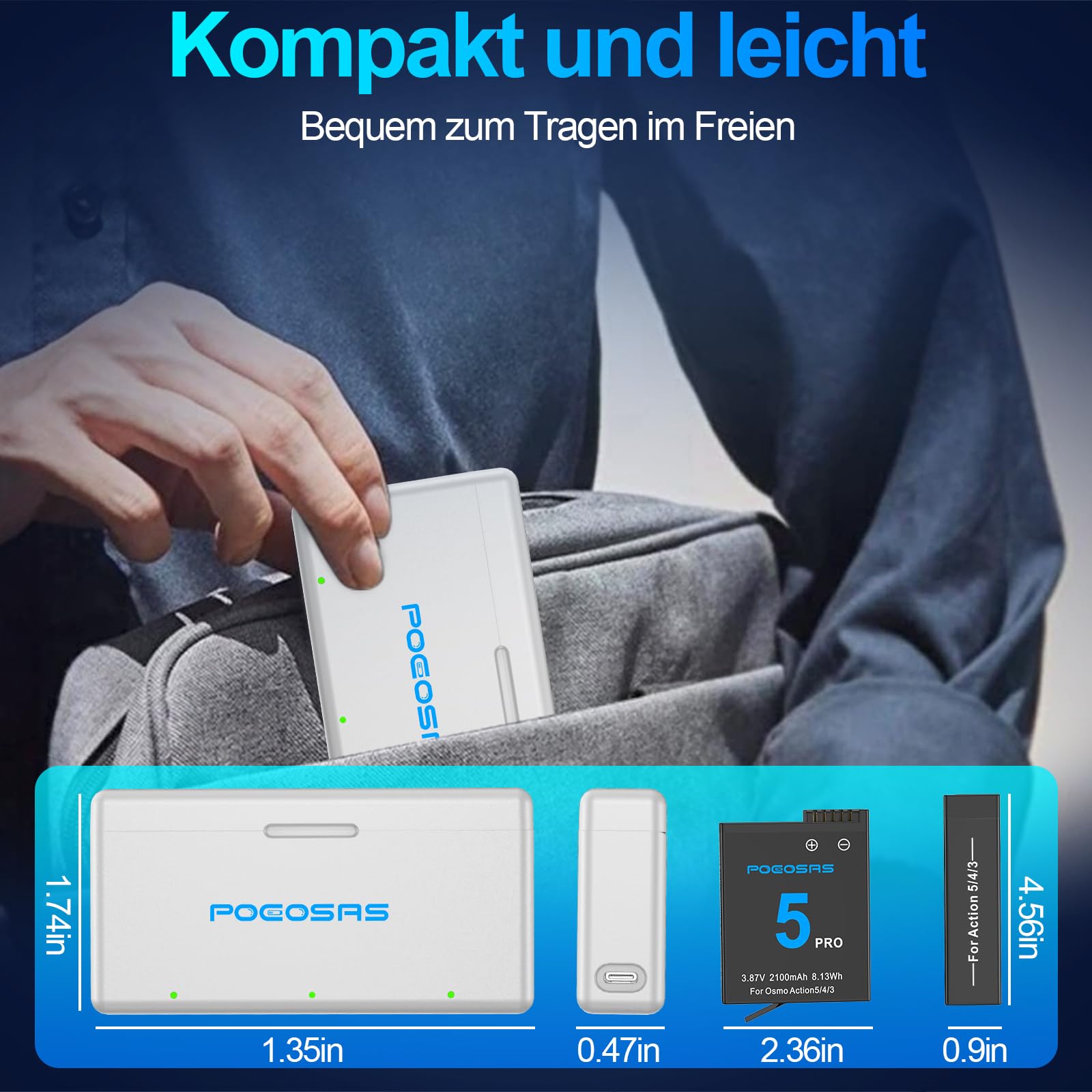 Osmo Action6/5 Pro/4/3 Akku Ladegerät Set, 2100mAh 2er Pack Akku und 3 Kanal Schnellladegerät-Hub, kompatibel mit DJI OSMO Action 6, OSMO Action 5 Pro, Osmo Action 4, Osmo Action 3 Kamera