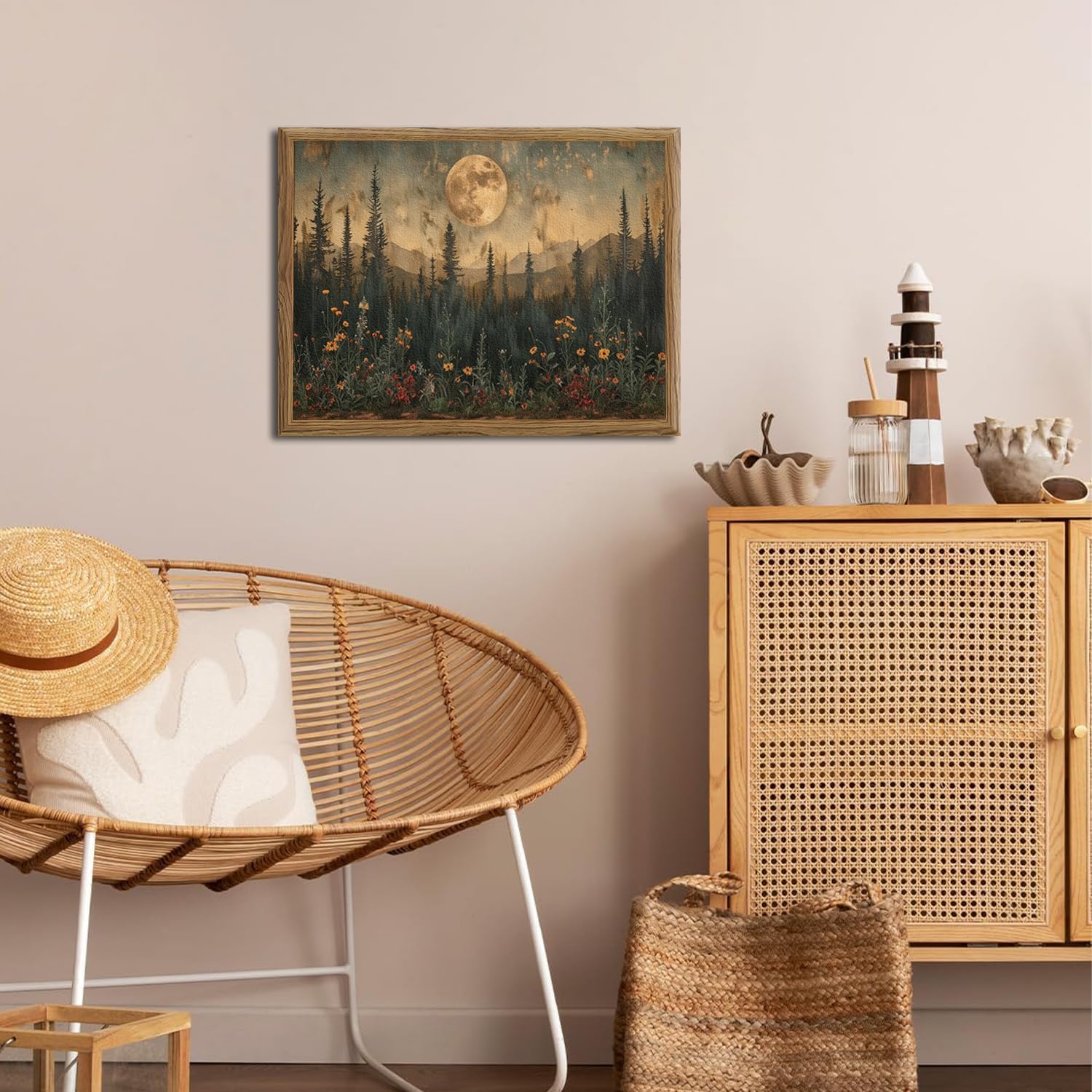 Vintage Moon Forest Wall Art, 3D Textured Nature Landscape Wall Decor Paintings, Hand Drawn Sandstone Woodland Wildflower Picture Prints Artwork for Bedroom Living Room 12x16 inch Wood Framed 16L" x 12W" Dark image 5 of 7 B0F13KP7S2