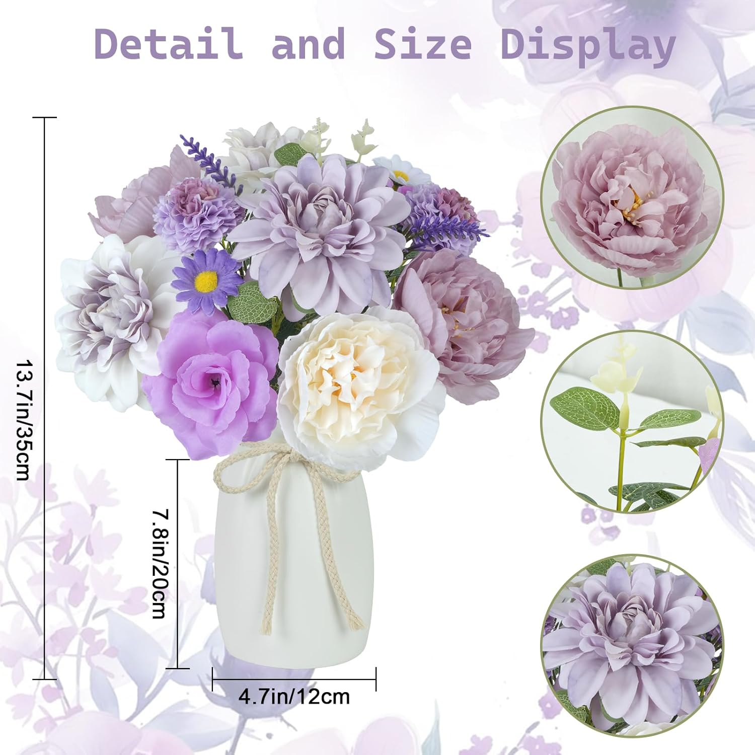 18Pcs Fake Flowers in Vase Purple Fake Peonies with Dahlia Rose Carnation Artificial Flowers with Vase for Home Wedding Party Table Centerpieces Indoor Outdoor