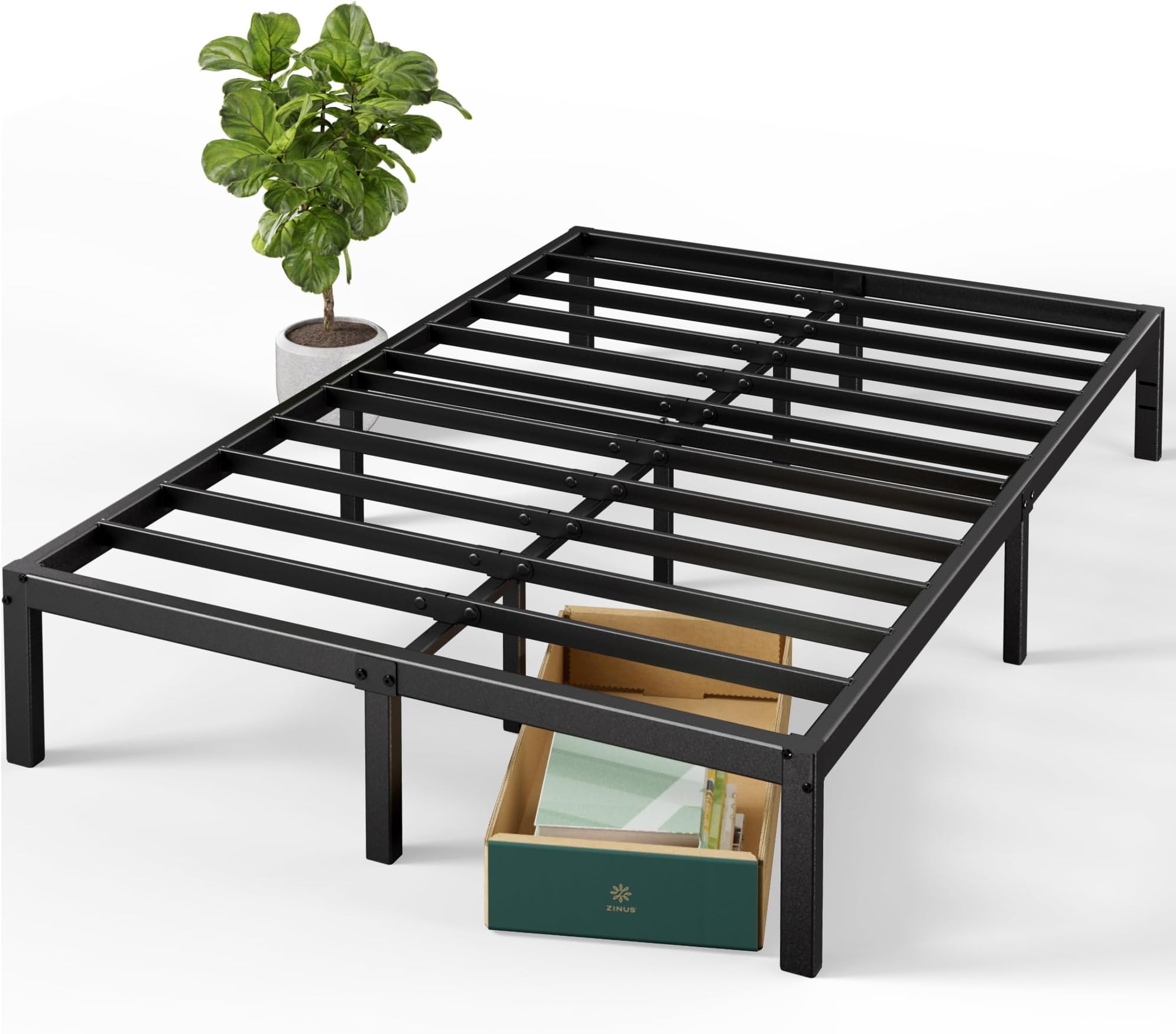 Zinus Elias Bed Frame 160 x 200 cm – Height 36 cm with Storage Under Bed – Metal Platform Bed – Black