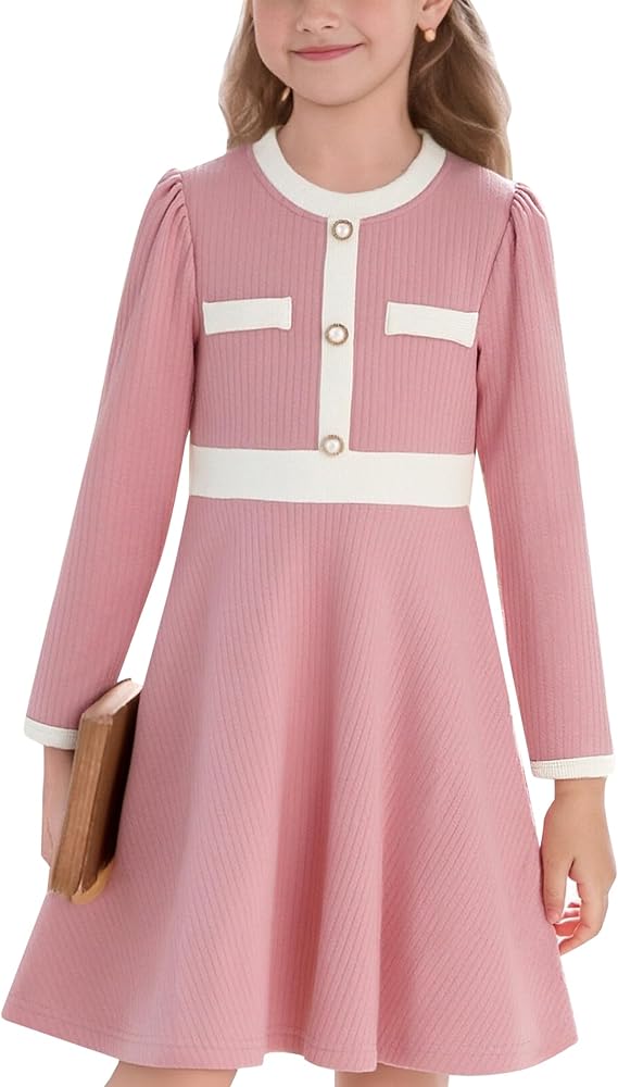 NIUSC Girls Dress Fall Dress Long Sleeve Button Color Block Winter Casual Party Dresses 5-14Y