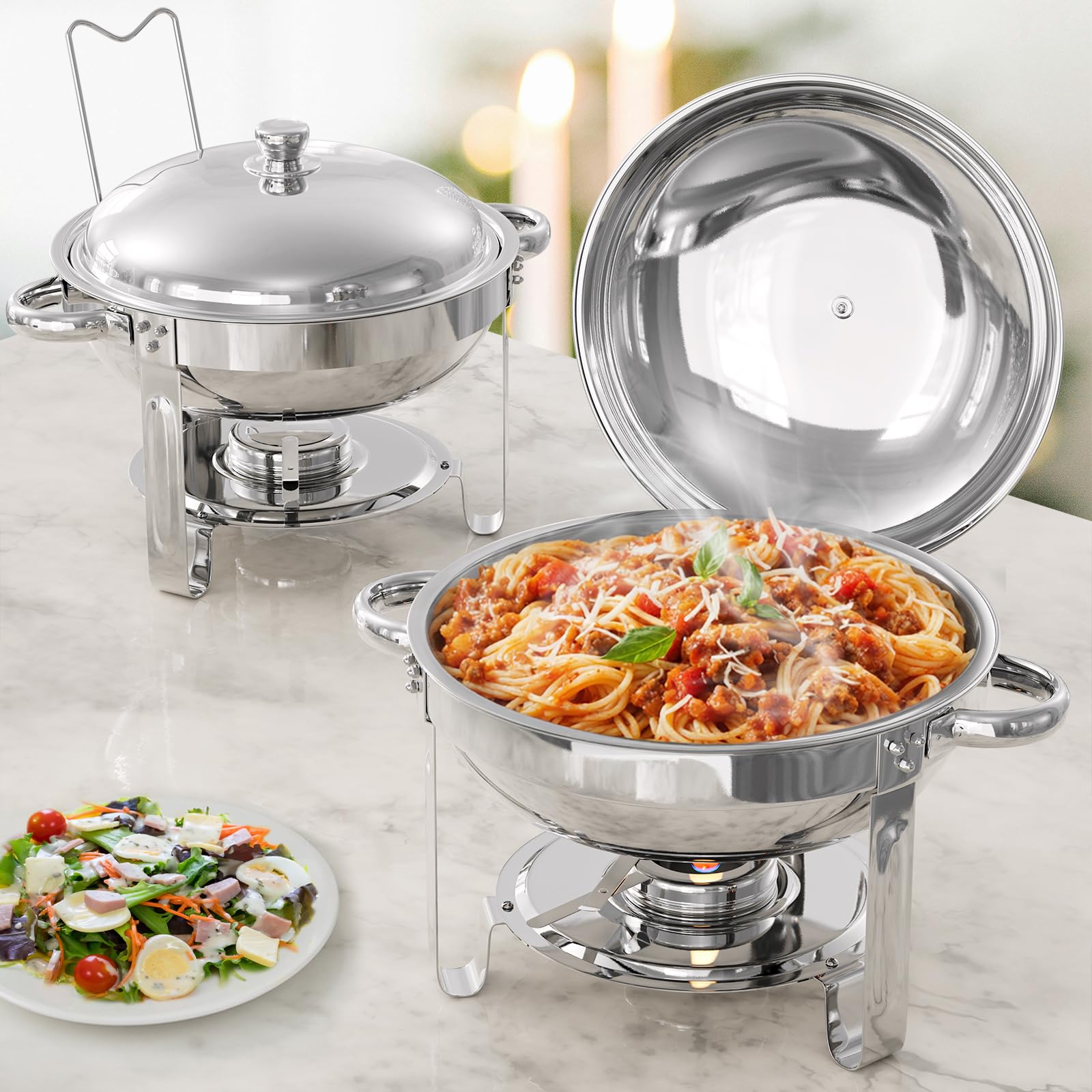 TLGREEN 4 Pezzi Set Chafing Dish Buffet Rotondo 4X5L, Scaldavivande in Acciaio Inox Contenitore Vassoio di Riscaldamento con Coperchi Pentole per Catering, Matrimoni, cene, Buffet, Feste