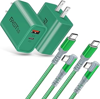 Fast Charging Wall Charger with USB C Cable 10FT, 2-Pack 20W USB C Power Adapter Dual Port Fast Charger Block+ Right-Angle 3A C to C Cable Fit for Samsung Galaxy S22 Ultra S21 S20 S10 Pixel 6/5/4