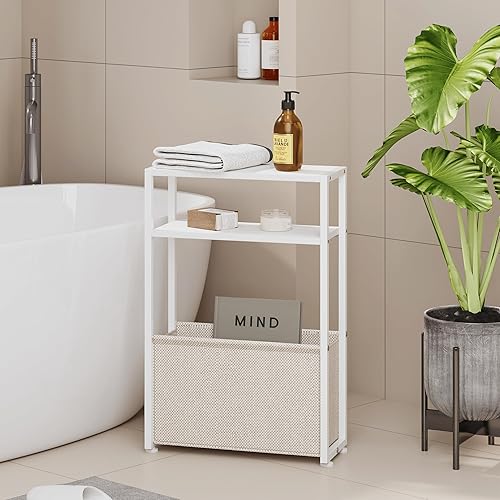 Mesa auxiliar estrecha, mesas auxiliares delgadas con cesta de tela, mesa delgada para espacios pequeños, mesita de noche delgada para sala de