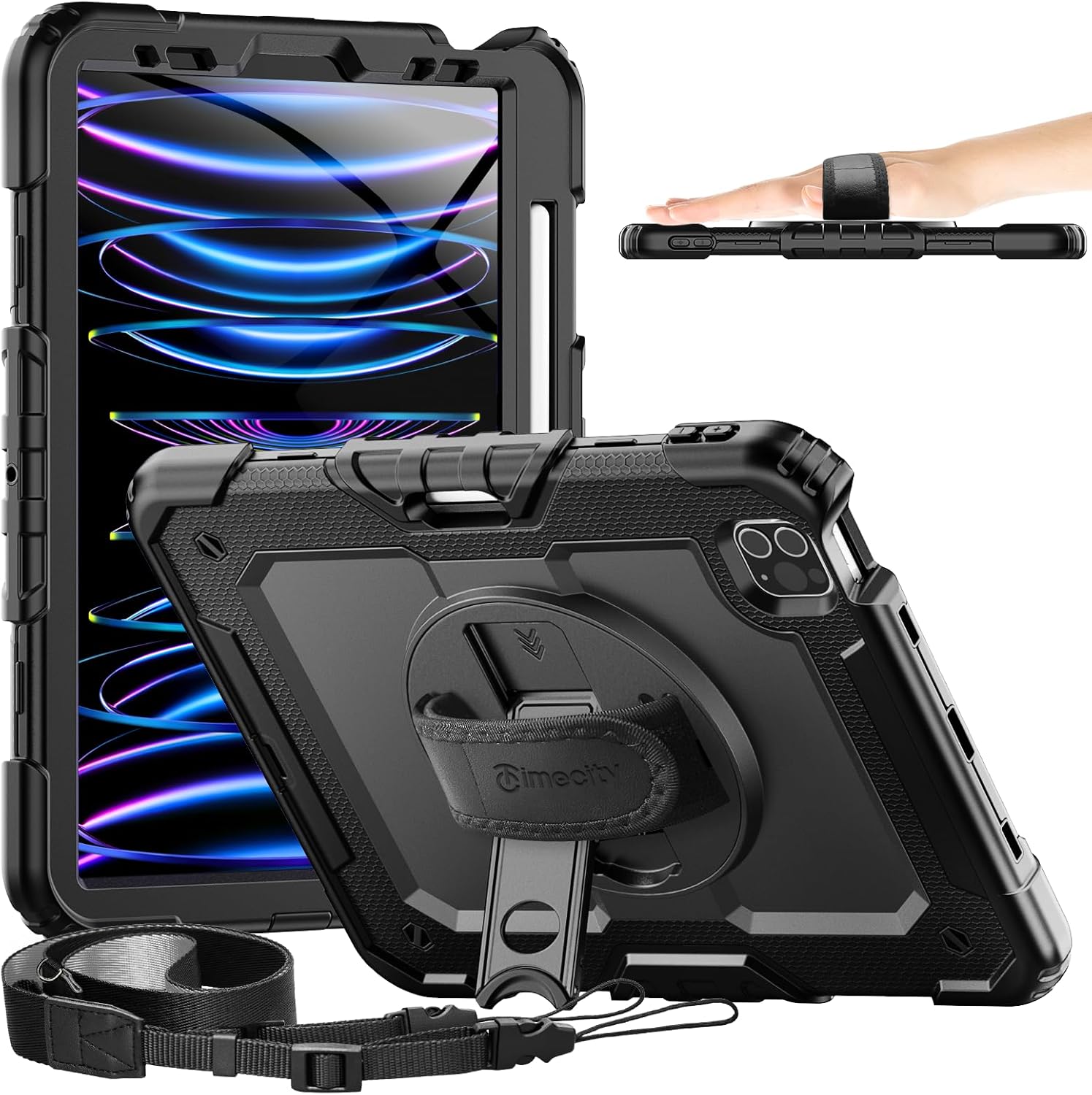 Timecity Case for iPad Pro 11 inch 1st, 2nd, 3rd, 4th Generation 2018/2020/2021/2022 (NOT for 2024), Heavy Duty Rugged Protective Case with Screen Protector,Pencil Holder,Rotating Stand&Handle-Black