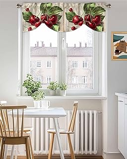 Vintage Tie Up Valances for Windows, Fruit Red Cherry Wood Grain Adjustable Rod Pocket Short Curtain Windows Treatment Curtains for Kitchen Living Room, 42 x 12Inch, 1 Panel