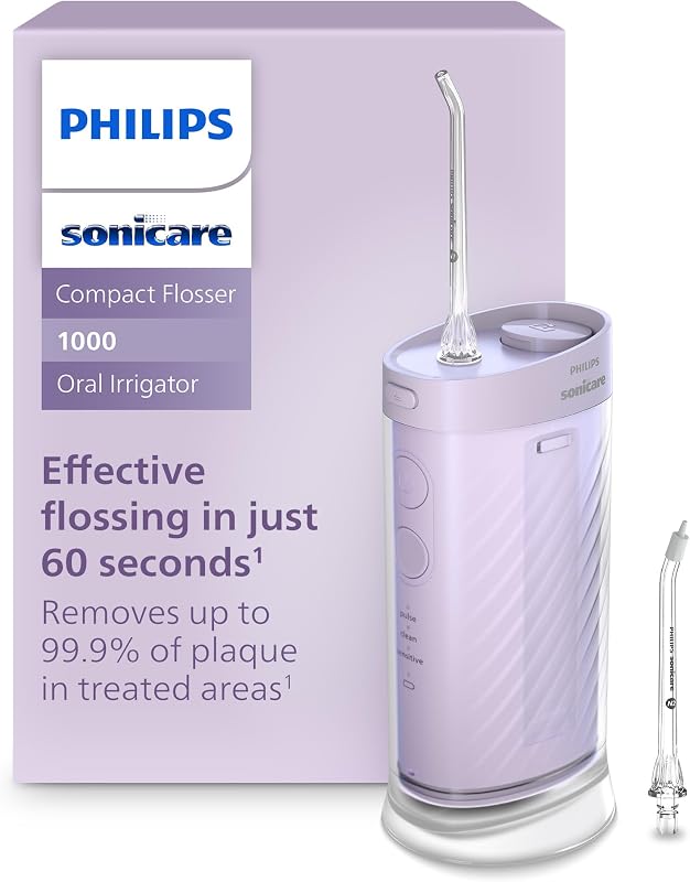 Hilo dental portátil Compact Flosser 1000, 3 modos | Eliminación de placa del 99,9 %¹, 3 modos de uso de hilo dental, boquillas giratorias de 360°, batería de 21 días³, resistencia al agua IPX7, morado, HX3333/23