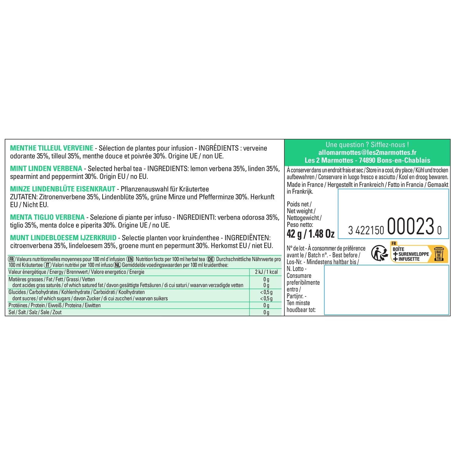 LES 2 MARMOTTES Infusion Menthe Tilleul Verveine, 30 sachets, 1,26 kg, tisane relaxante fabriquée en France, sans arômes ajoutés - Lot de 3