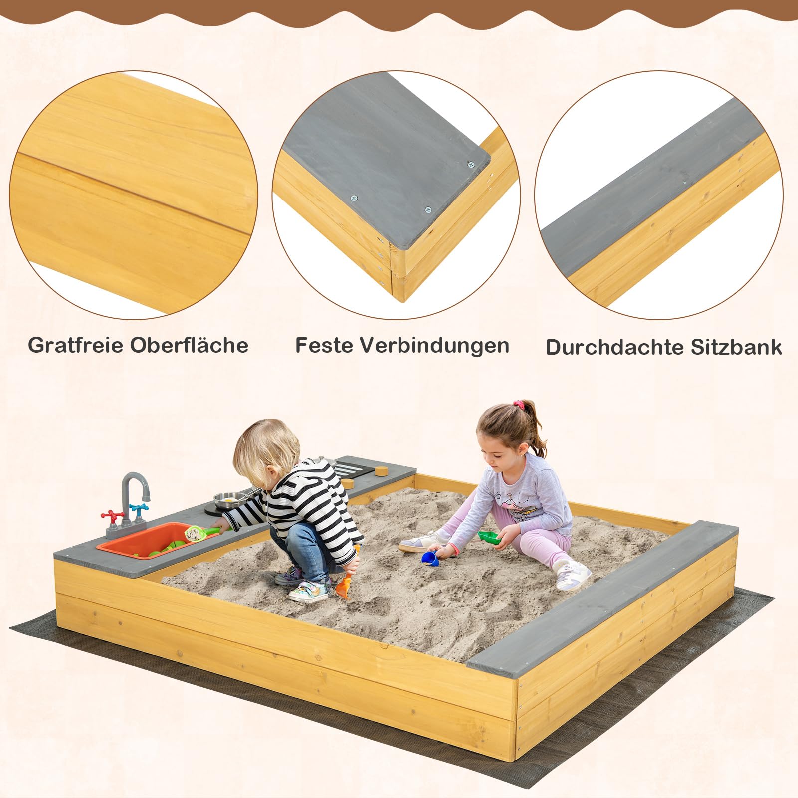 COSTWAY Sandkasten aus Massivholz, Sandkiste mit 9 Küchenzubehör & Wasserhahn & Waschbecken, Sandbox inkl. Bodenplane, Kindersandkasten Outdoor für Garten Strand Balkon