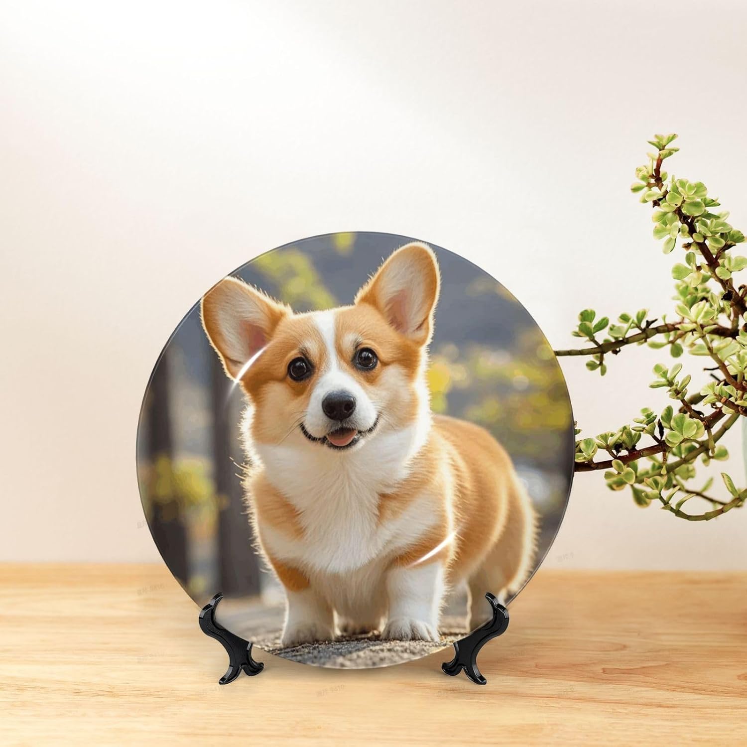 Bone China Decorative Plate with Display Cute Corgi dog Ceramic Plates Crafts Art Decor Dessert Plate Ceramic Ornament Porcelain Plates for Living Room Kitchen Table Home Decor