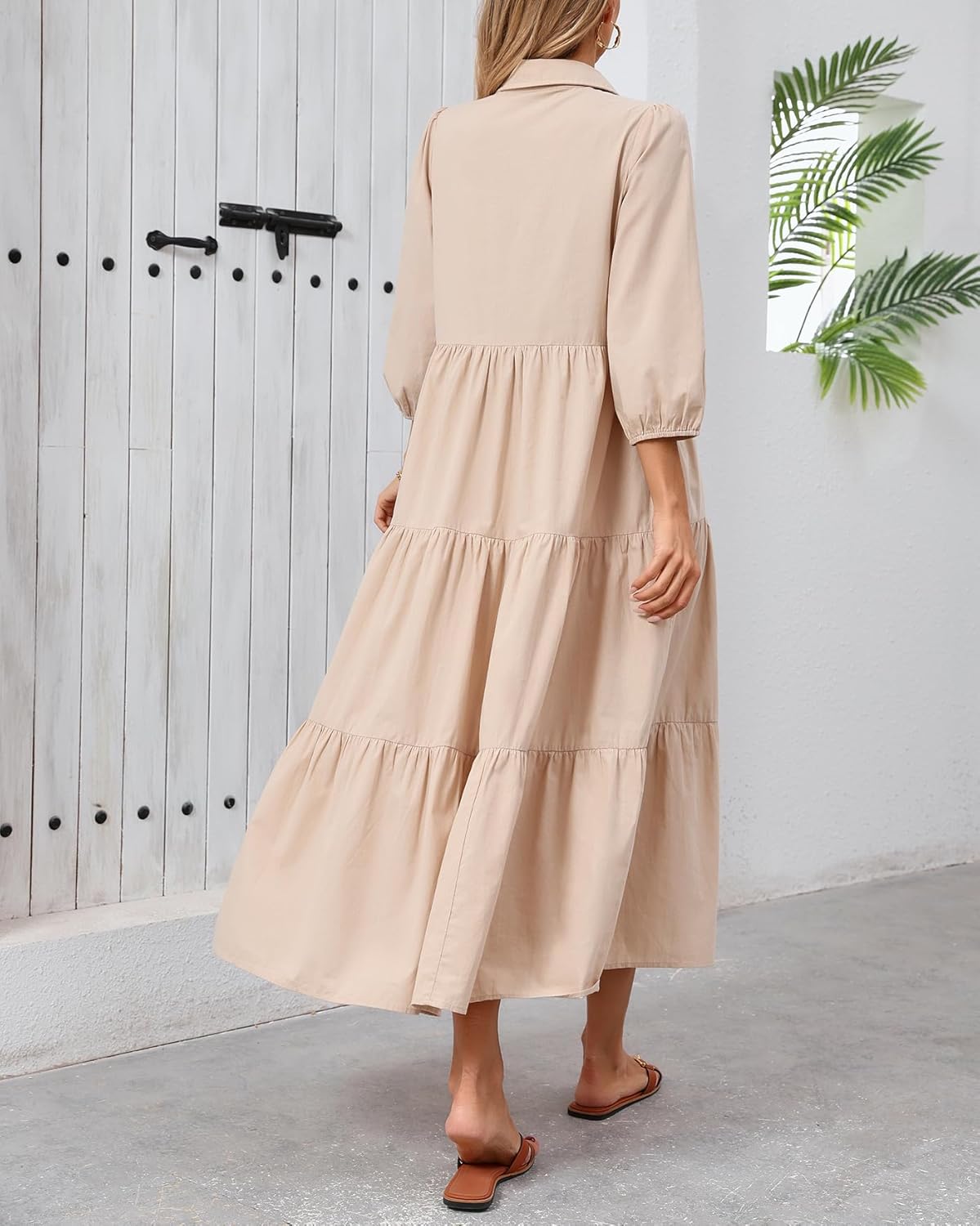 Women Button Down Maxi Shirt Dress Long Sleeve Flowy Tiered Collared Dresses with Pockets - Image 4