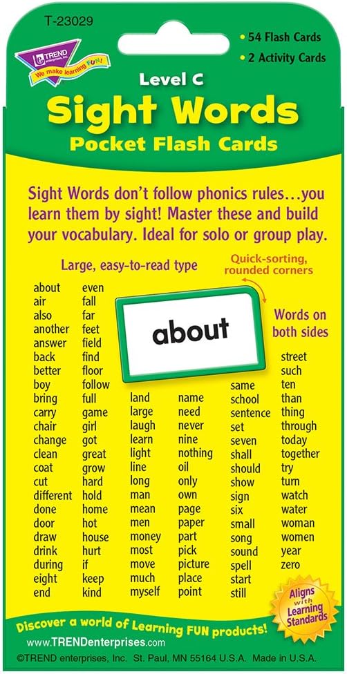 Trend Enterprises: Sight Words Level C Pocket Flash Cards, Great for Skill Building and Test Prep, 56 Two-Sided Cards Included, 108 Commonly-Used Words, for Ages 6 and Up