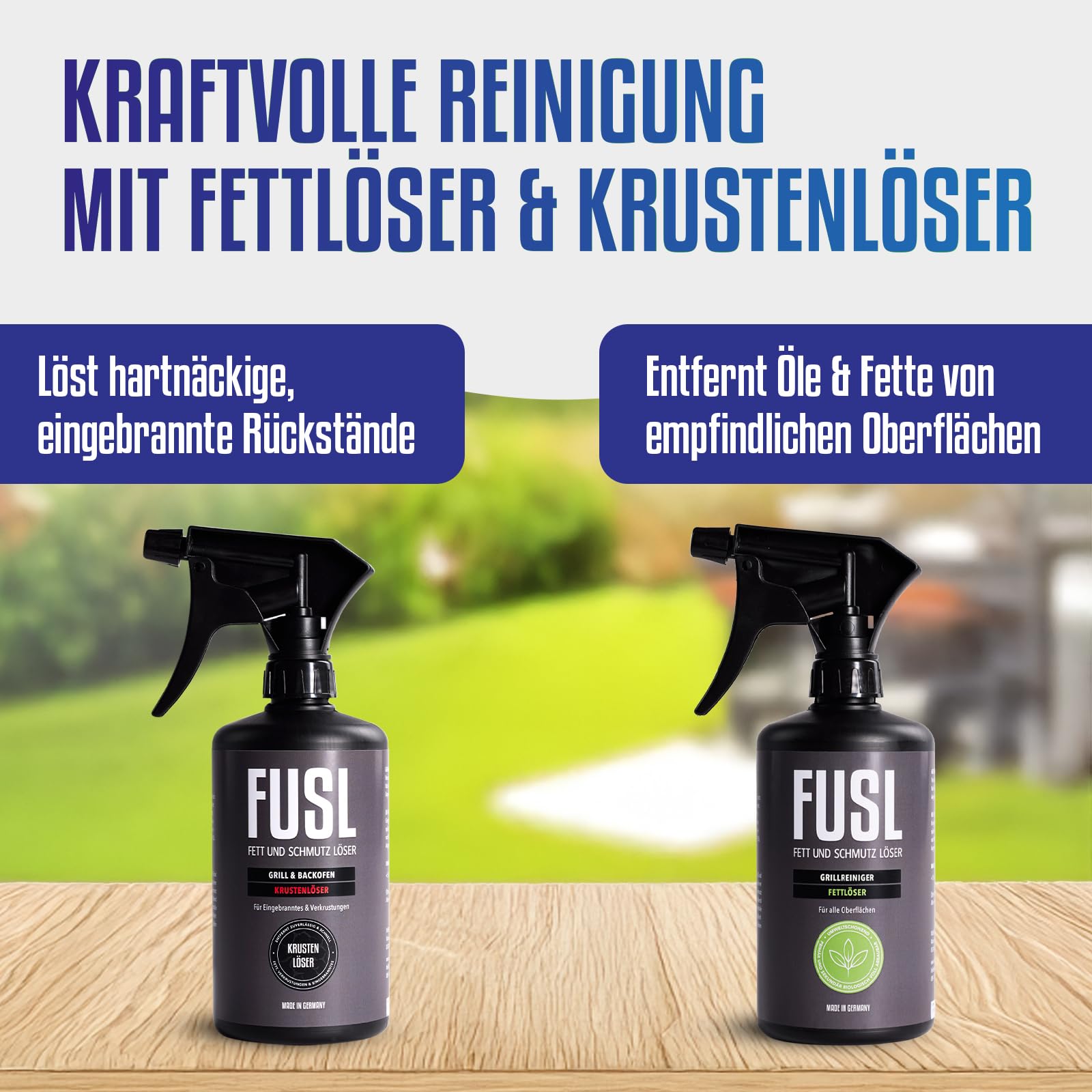 Grillreiniger-Set – Fettlöser & Krustenlöser je 500 ml mit Überkopf-Sprühfunktion – Für empfindliche Oberflächen & Eingebranntes – Spezialreiniger-Set für den Grill