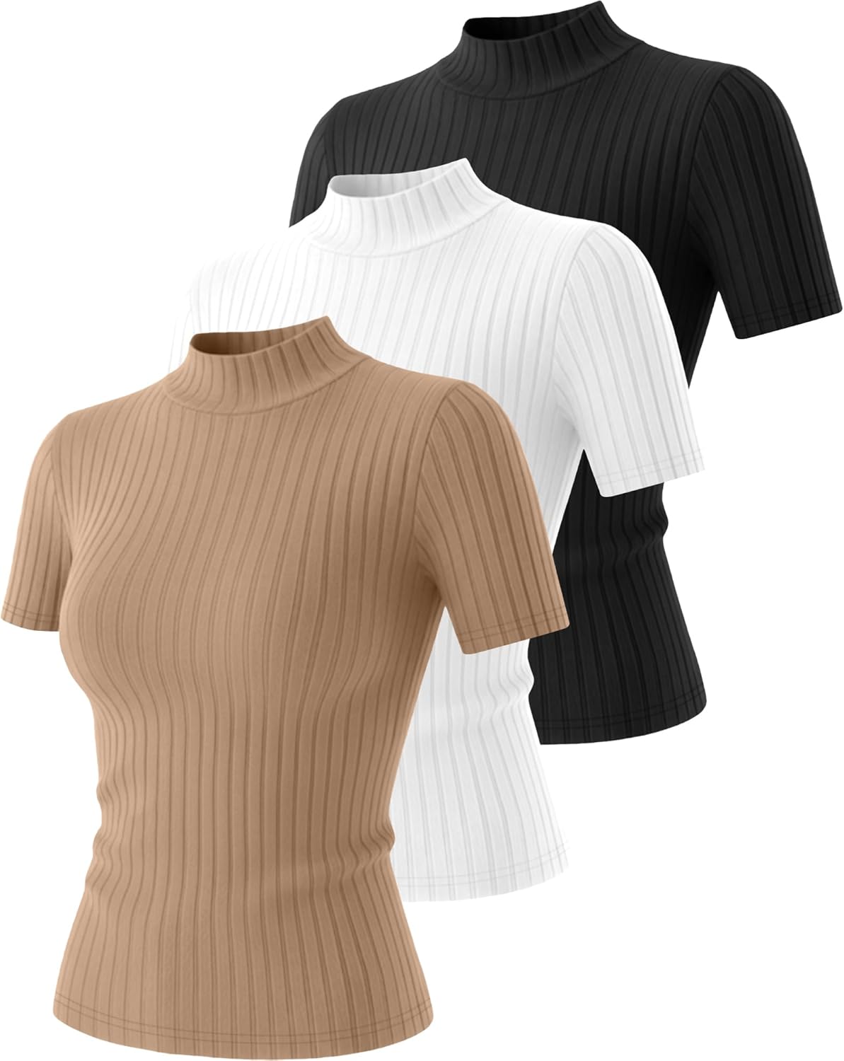 3 Pack Women Mock Turtleneck Shirts Short Sleeve Ribbed Lightweight Basic Layering Cotton Tops Slim Fit Tunic Tees - Image 3