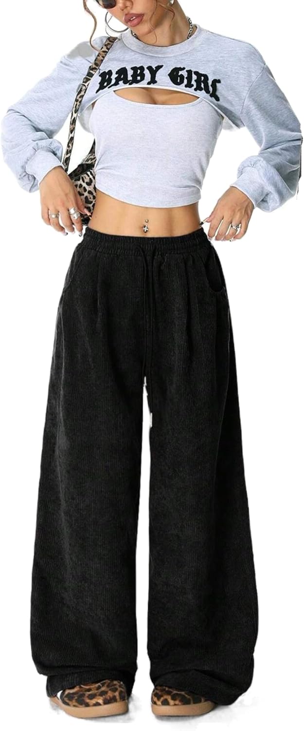Unilexi Womens Wide-Leg Corduroy Pants with Drawstring Elastic Waist Casual Palazzo Pants Loose Fit - Image 4