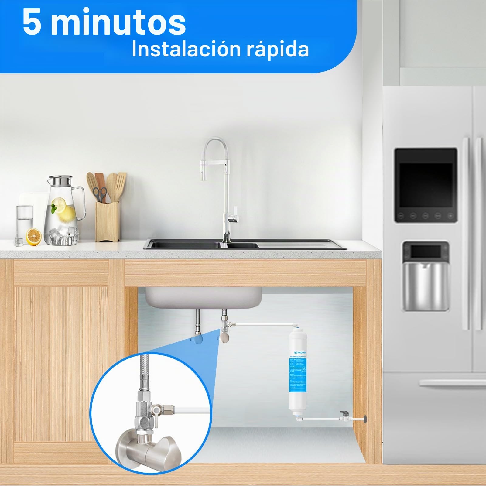 Kit de filtro de agua en línea para máquina de hielo y refrigerador, incluye válvula de agua de alimentación, línea de agua de 1/4 pulgadas y accesorios de conexión rápida, ideal para máquina de
