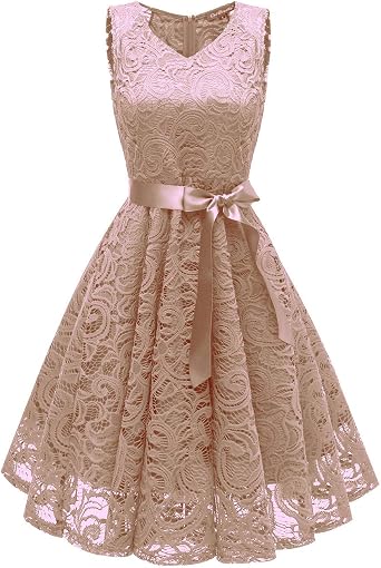 VERNASSA Mujer Vestido sin Mangas con Cuello en v y Encaje Floral de los  años 50,Vestido