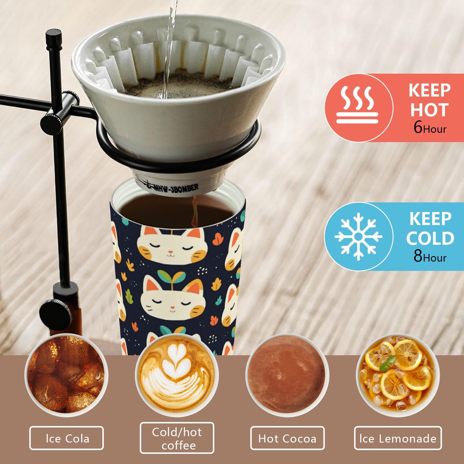 linqin Taza de café de viaje con cara de gato con hierba para mujer con tapas, taza térmica de acero inoxidable para frío y calor, 17 onzas, a prueba de fugas