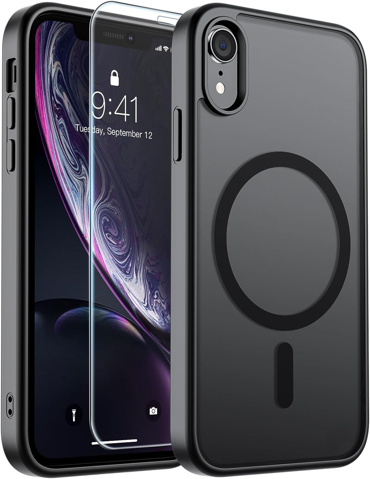 Magnetic for iPhone XR Phone Case with Screen Protector (Compatible with MagSafe)(Military Grade Drop Protection) Translucent Matte Phone Cover,Black