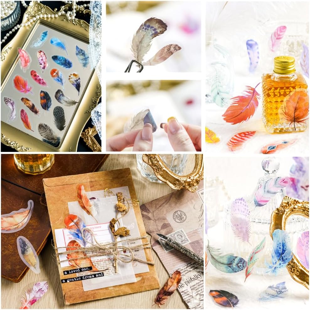 320Pcs Transparent Sticker Bag Self-Adhesive Stickers for Scrapbooking Journaling Tulip Rose Butterfly Feather Fern Stickers for Handmade Bookmark Card DIY Handcraft Junk Journal (320pcs Feather A) image 3