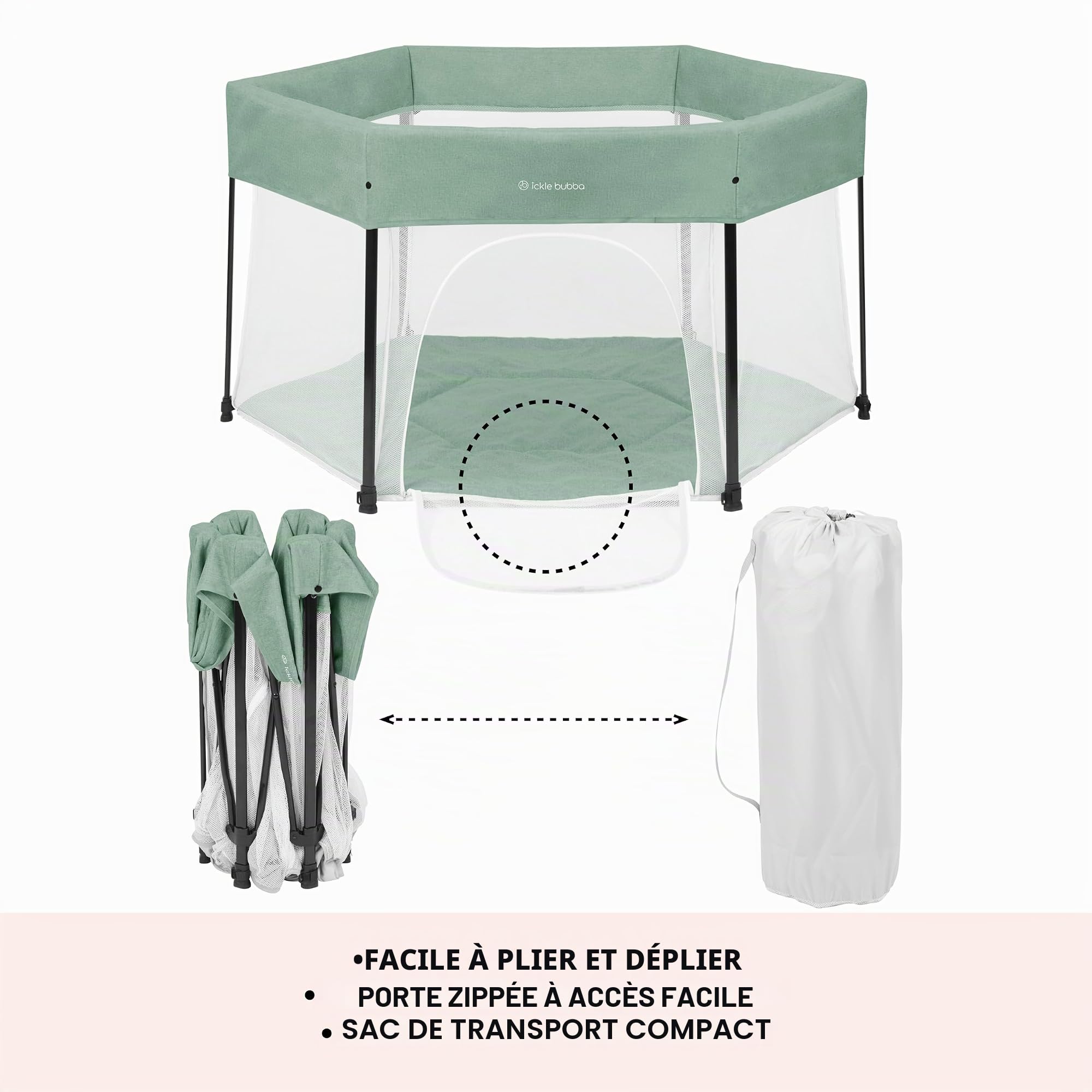 Parc pour bébé Ickle Bubba Fiesta – Installation en 30 secondes, côtés respirants, tapis de jeu rembourré et compact pour le rangement, sac de transport inclus (Vert sauge)