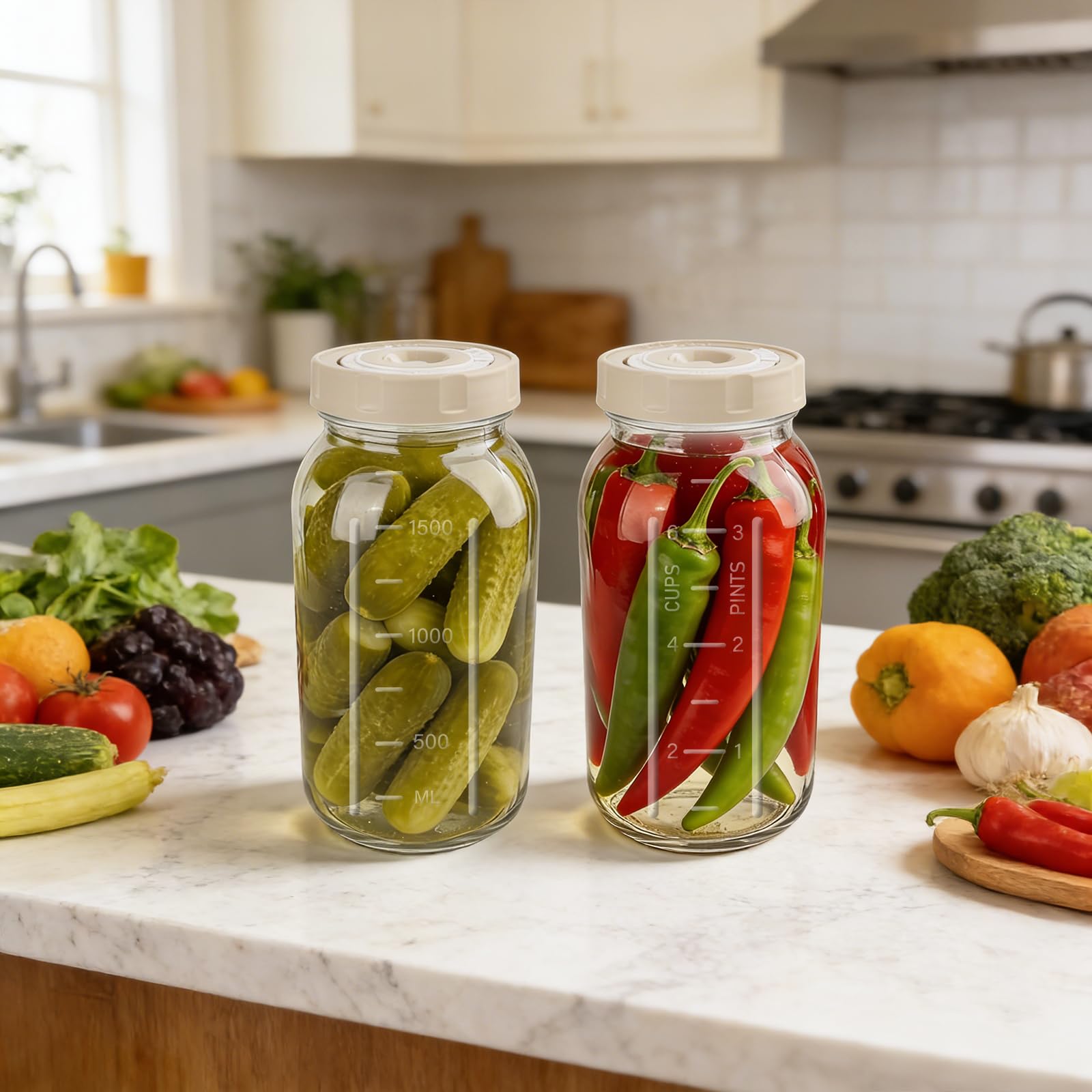 2 tarros de fermentación de 2 litros con indicador de fecha y cierre hermético - Perfecto para chucrut, kimchi, kombucha (paquete de 2)
