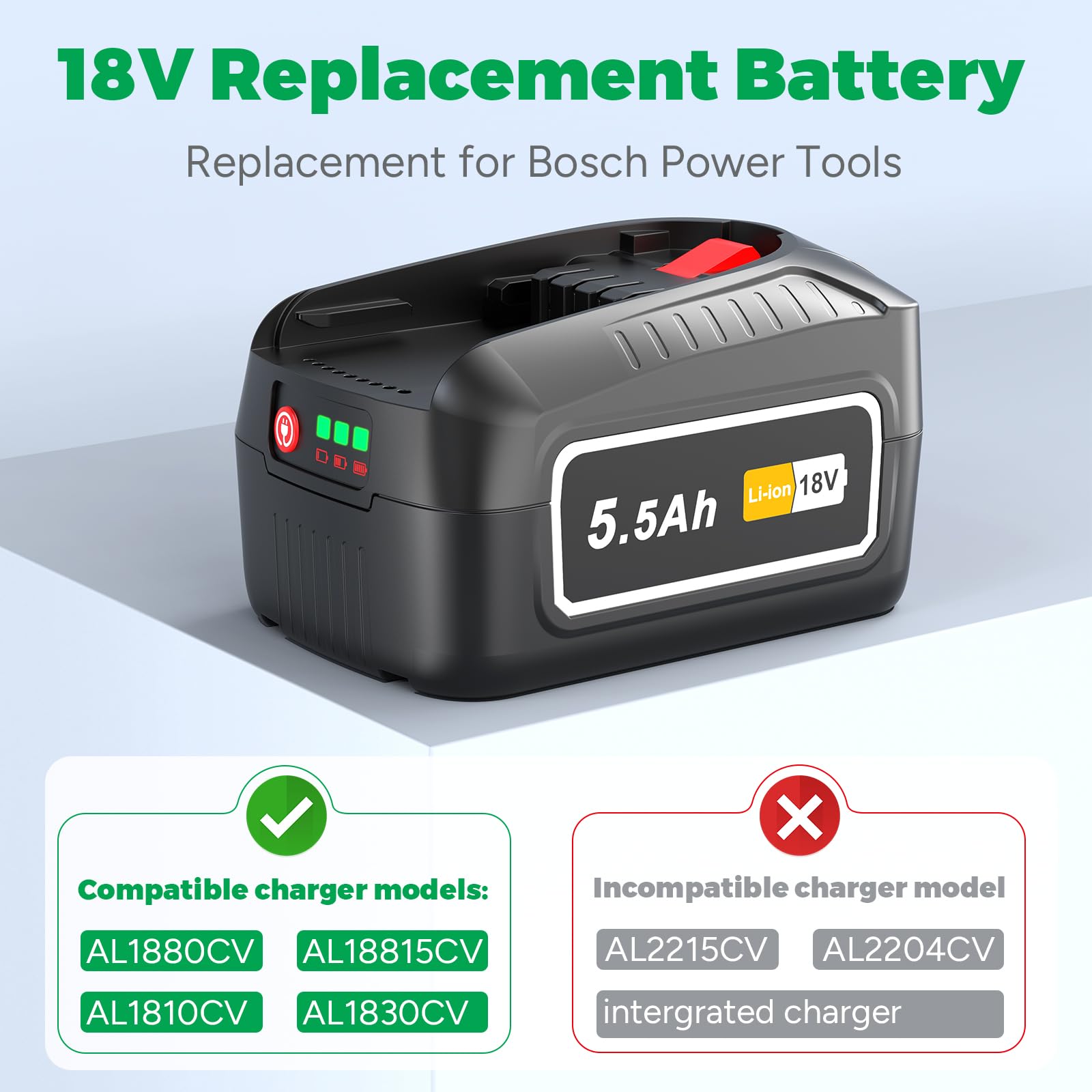 Batterie lithium-ion PBA 18 V 5500 mAh compatible avec les outils électriques Bosch, PBA1860, compatible avec les outils Bosch pour la maison et le jardin 18 V PBA PSB PSR