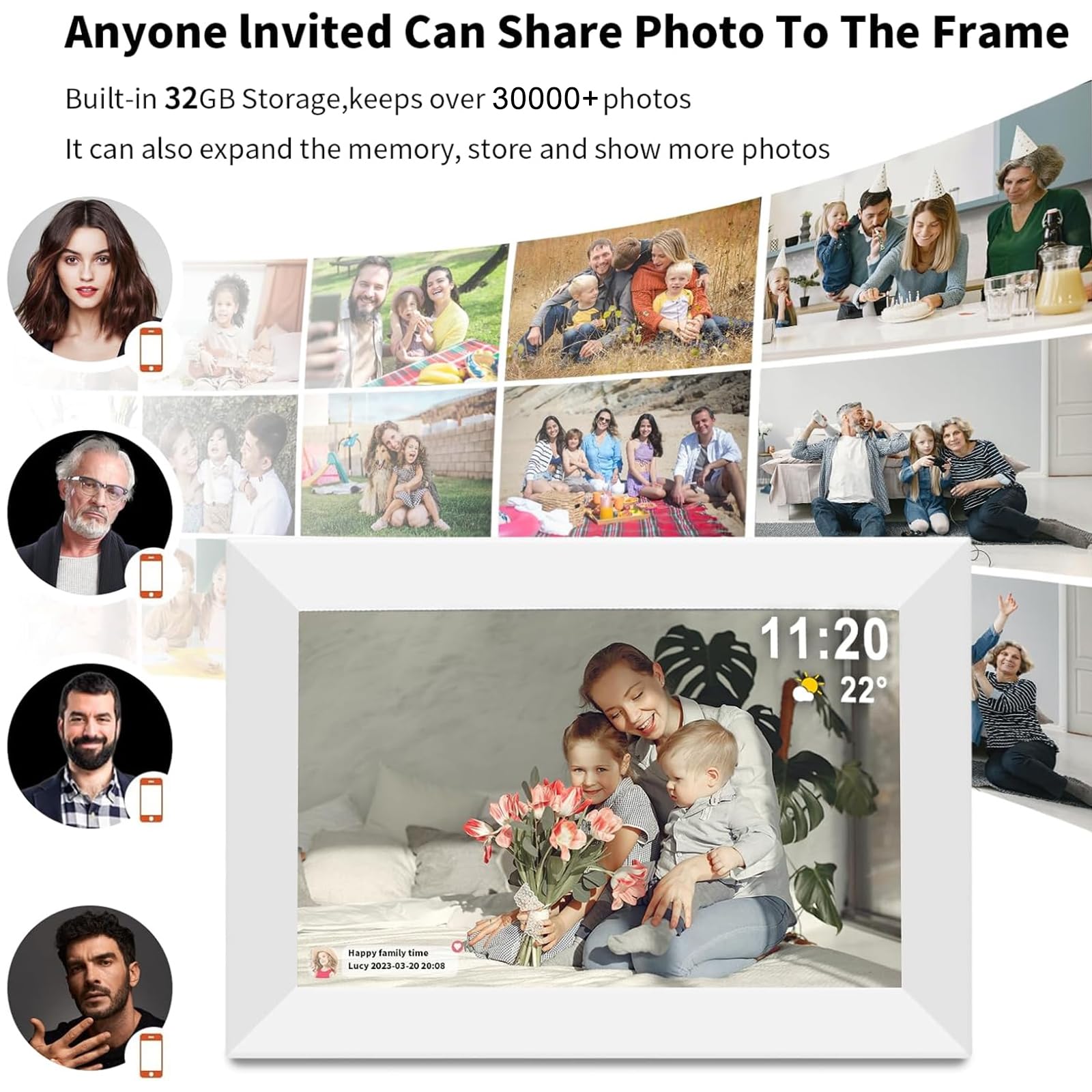Frameo Cadre photo numérique de 10,1 pouces blanc, cadre photo numérique intelligent WiFi avec écran tactile IPS, écran HD 1280 x 800, rotation automatique de 32 Go, montage mural, fente SD/USB